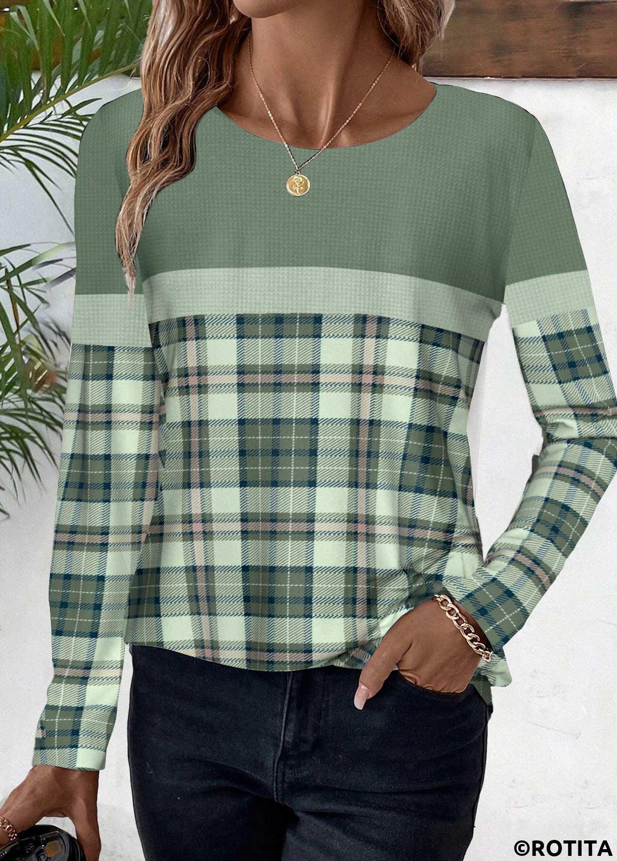 Sage Green tops,Plaid tops,Striped tops,Geometric tops,ROTITA Patchwork Plaid Sage Green Round Neck T Shirt