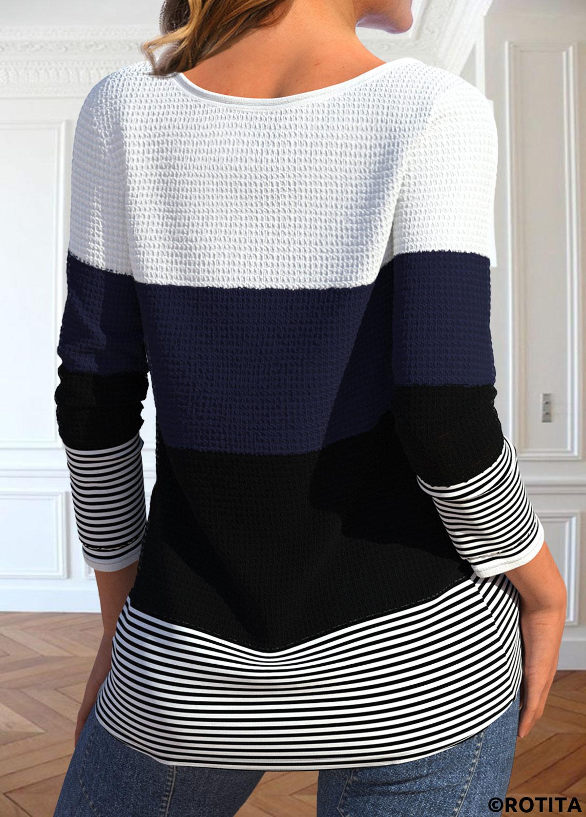 ROTITA Patchwork Striped Black Round Neck Long Sleeve T Shirt