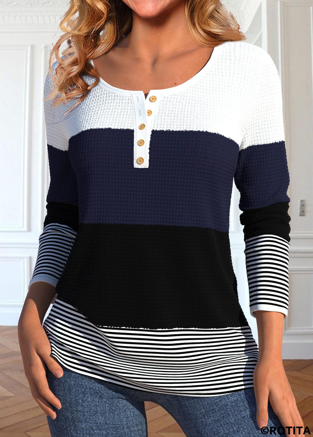 ROTITA Patchwork Striped Black Round Neck Long Sleeve T Shirt