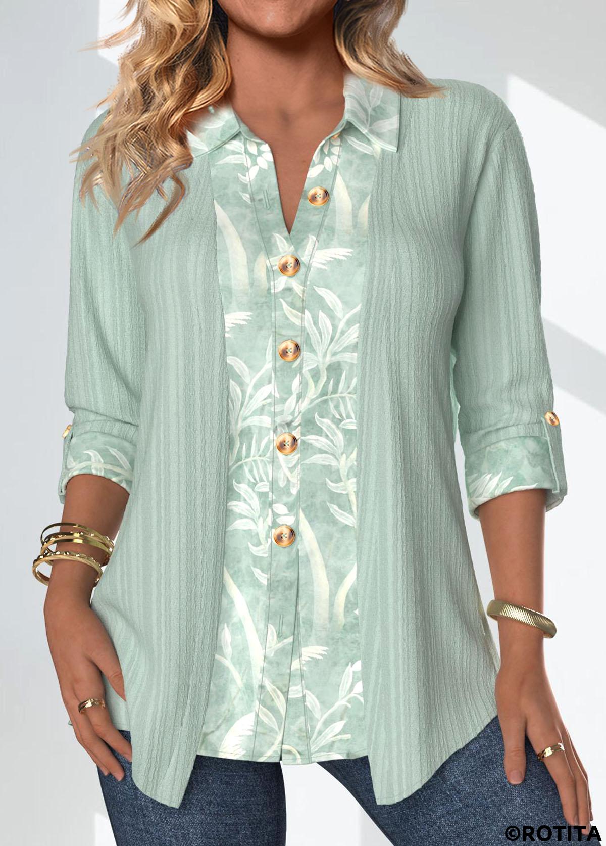 Sage Green tops,Plants tops,ROTITA Patchwork Leaf Print Sage Green Shirt Collar Blouse