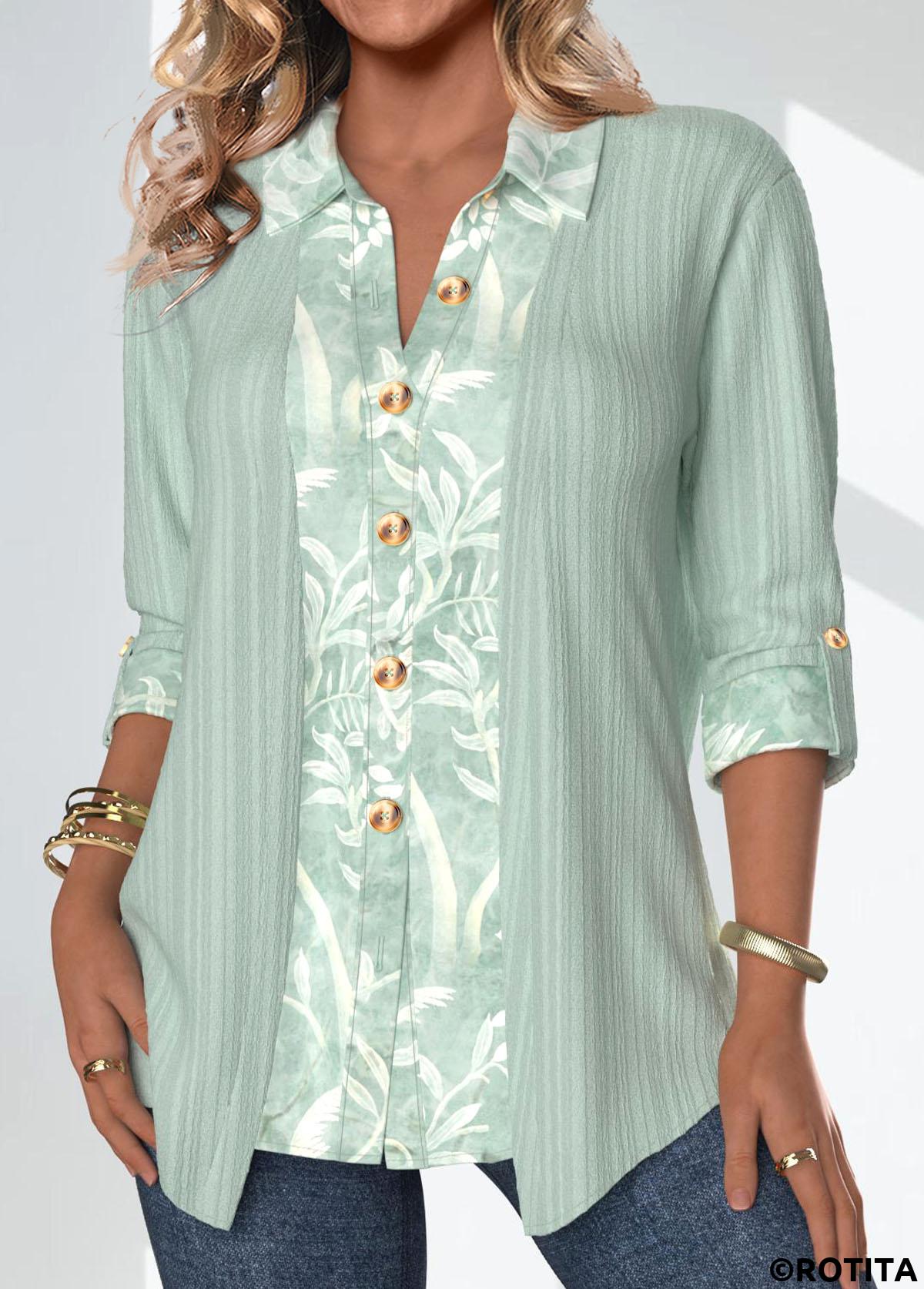 Sage Green tops,Plants tops,ROTITA Patchwork Leaf Print Sage Green Shirt Collar Blouse