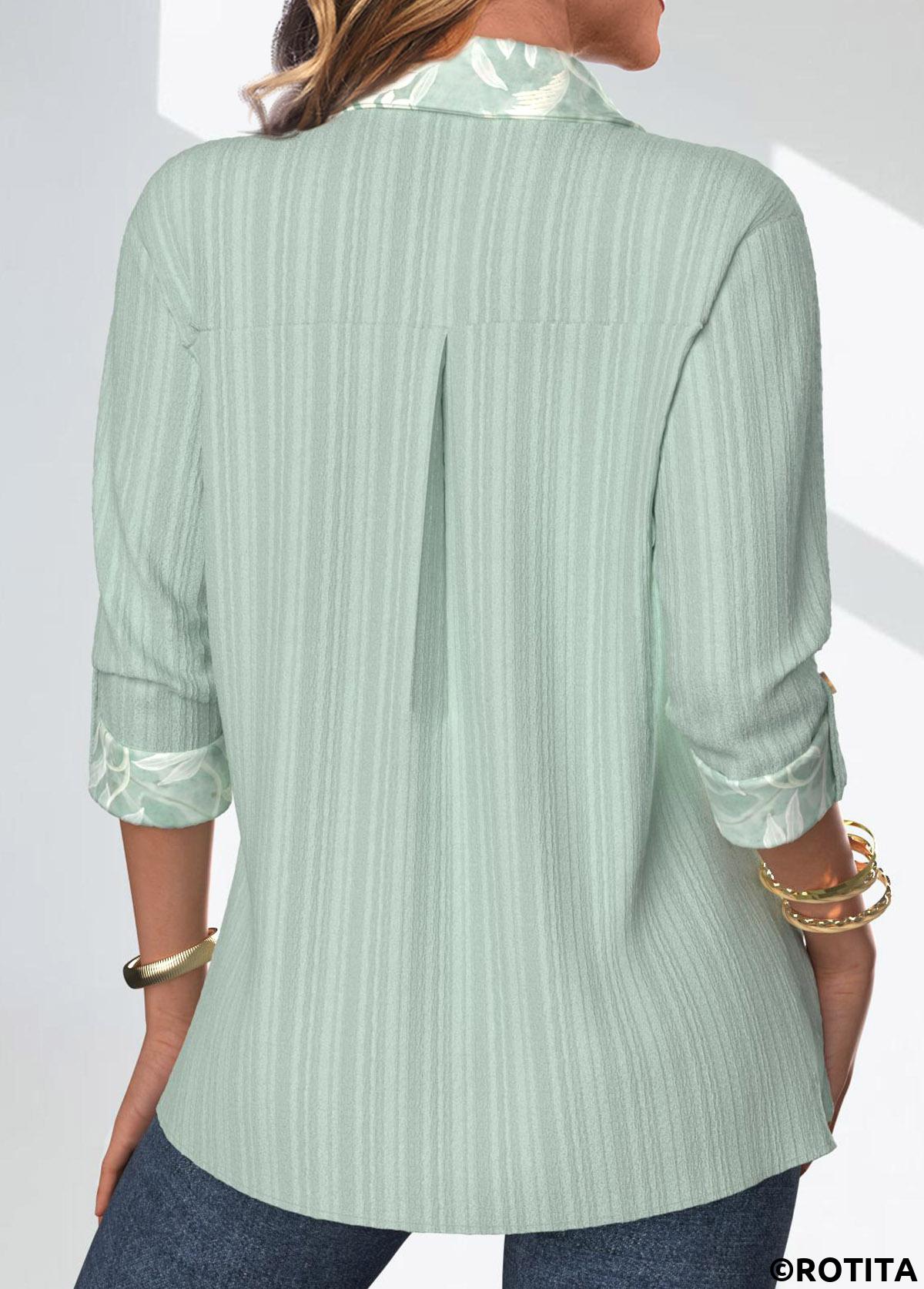 Sage Green tops,Plants tops,ROTITA Patchwork Leaf Print Sage Green Shirt Collar Blouse