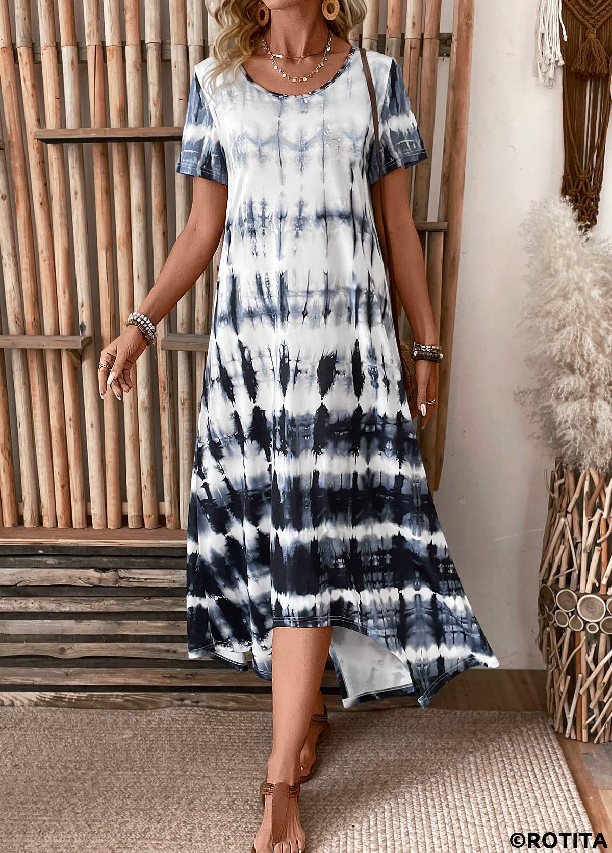 Dusty Blue dresses,Tie Dye dresses,Everyday dresses,Casual dresses,Pocket Tie Dye Print Dusty Blue A Line Dress