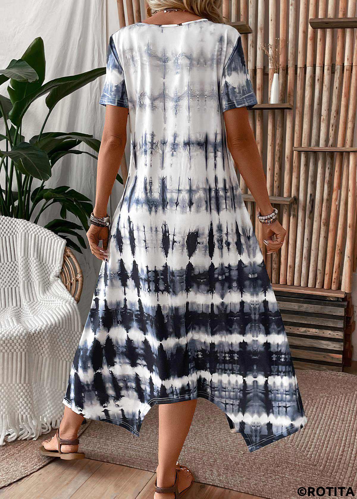 Dusty Blue dresses,Tie Dye dresses,Everyday dresses,Casual dresses,Pocket Tie Dye Print Dusty Blue A Line Dress