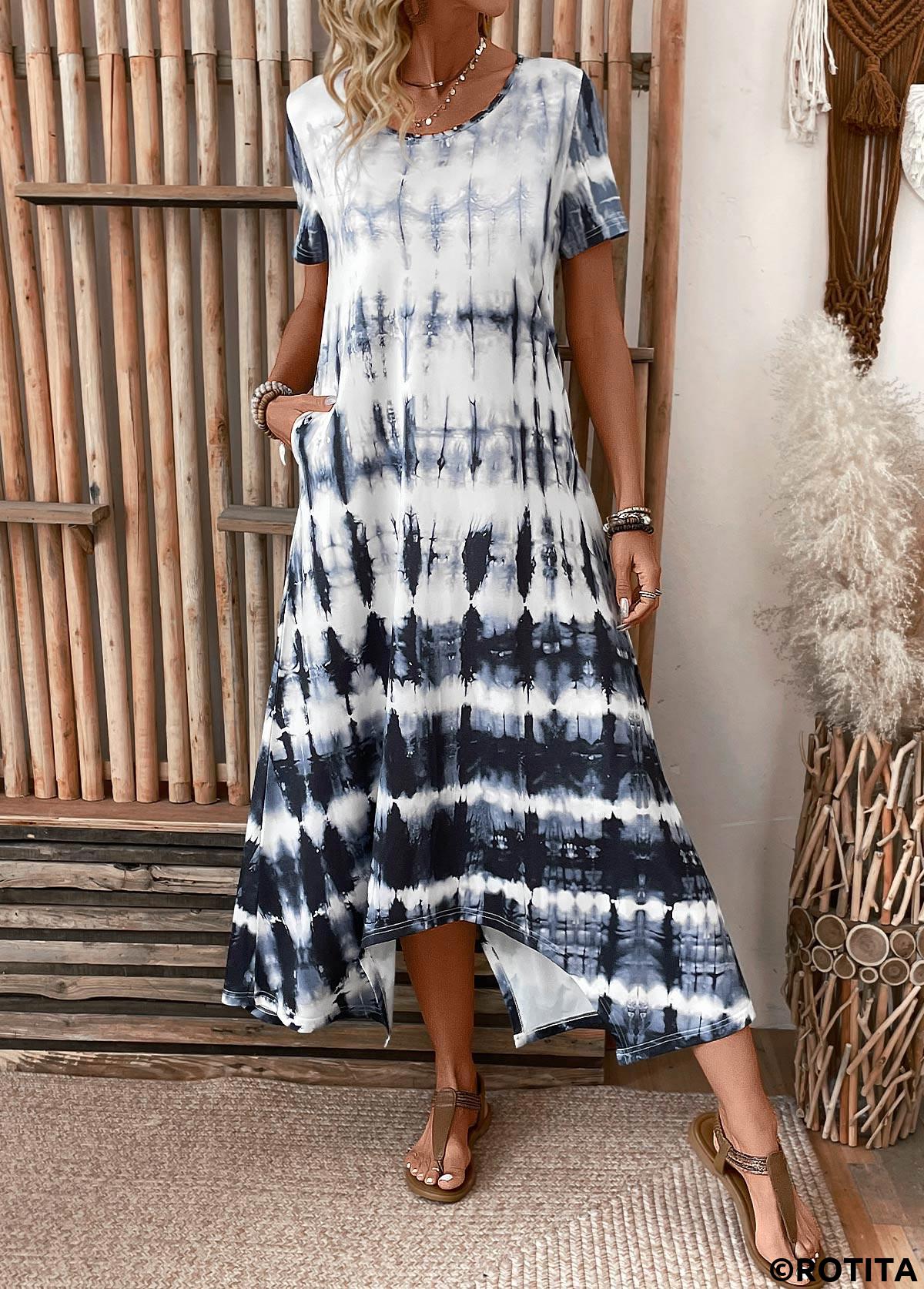 Dusty Blue dresses,Tie Dye dresses,Everyday dresses,Casual dresses,Pocket Tie Dye Print Dusty Blue A Line Dress