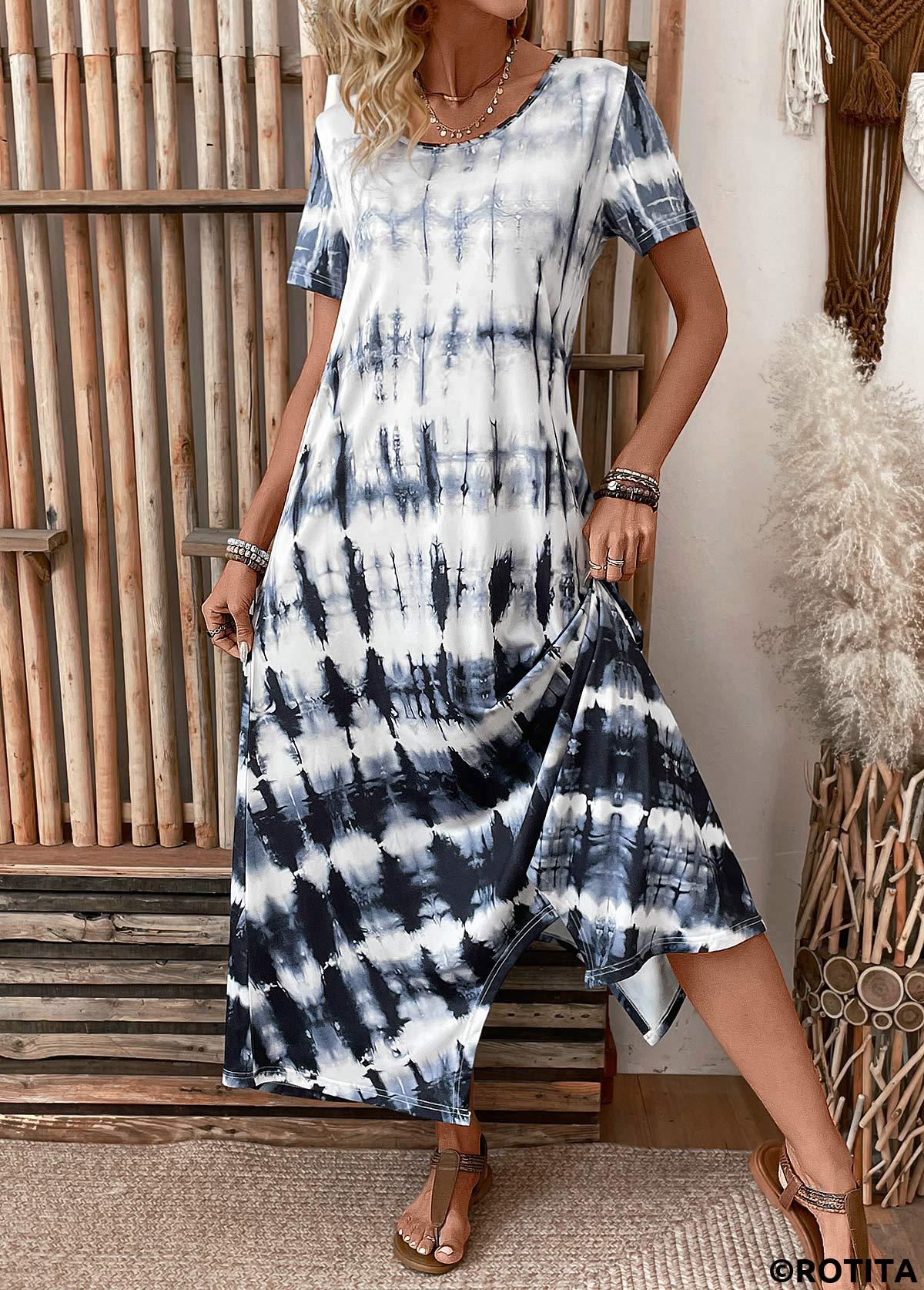 Dusty Blue dresses,Tie Dye dresses,Everyday dresses,Casual dresses,Pocket Tie Dye Print Dusty Blue A Line Dress