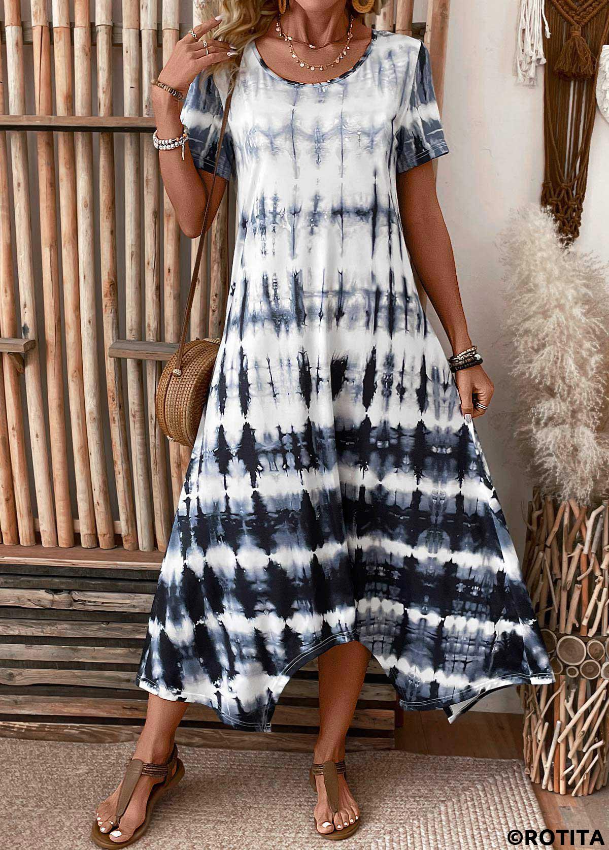 Dusty Blue dresses,Tie Dye dresses,Everyday dresses,Casual dresses,Pocket Tie Dye Print Dusty Blue A Line Dress