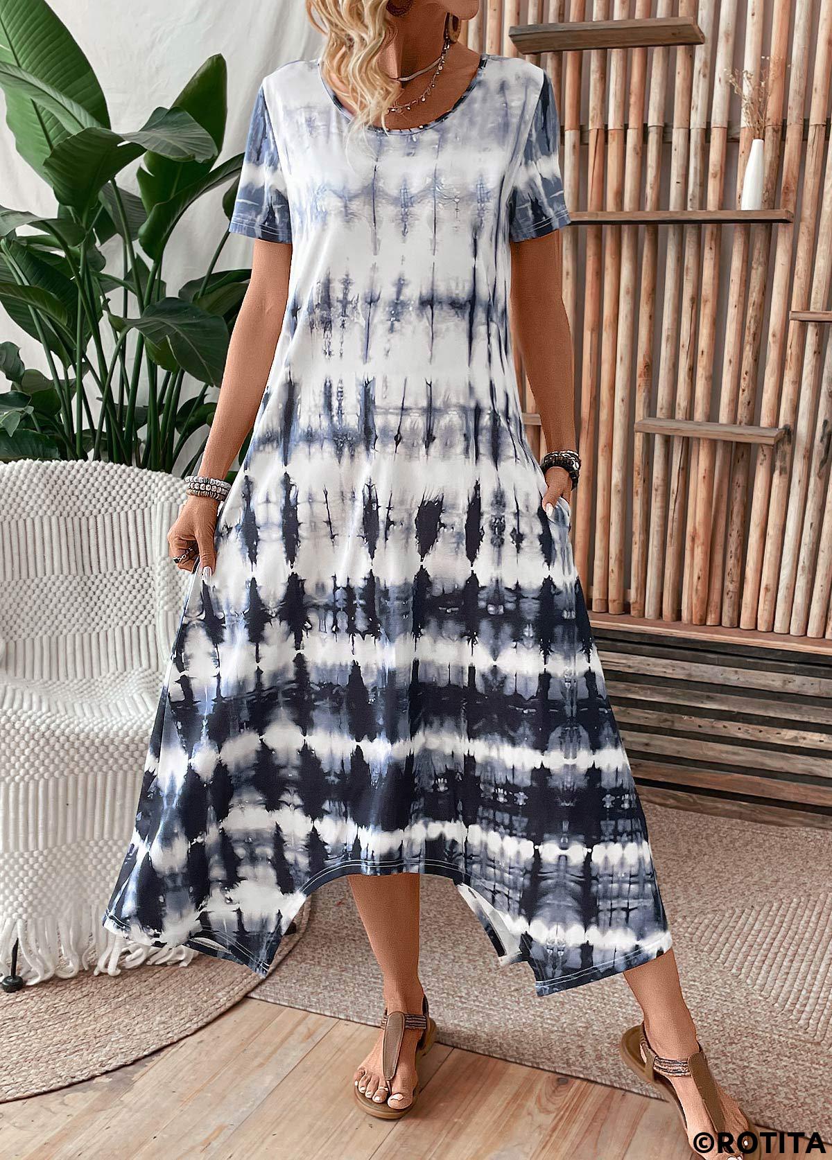 Dusty Blue dresses,Tie Dye dresses,Everyday dresses,Casual dresses,Pocket Tie Dye Print Dusty Blue A Line Dress
