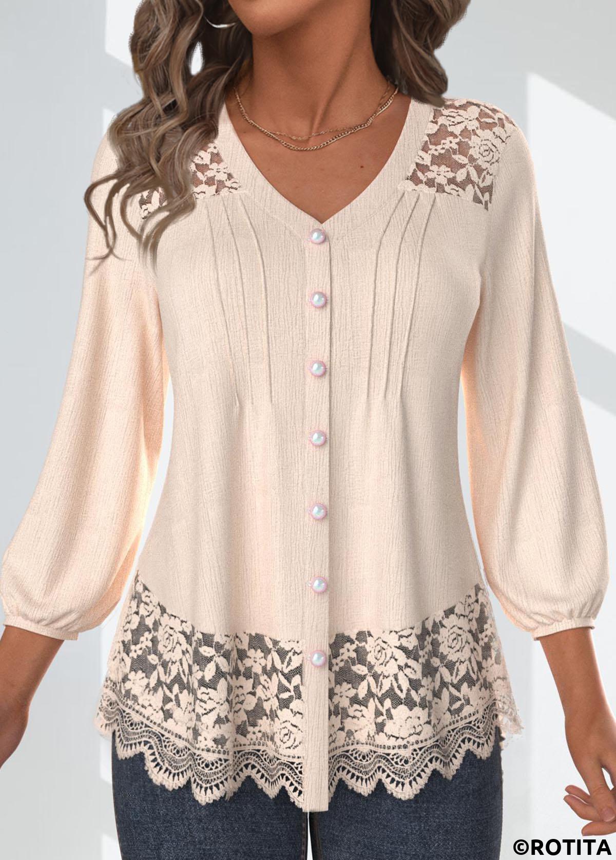 blouse à manches 3/4 en dentelle rotita couleur peau col en V