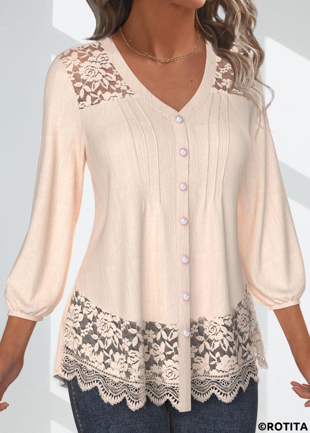 blouse à manches 3/4 en dentelle rotita couleur peau col en V