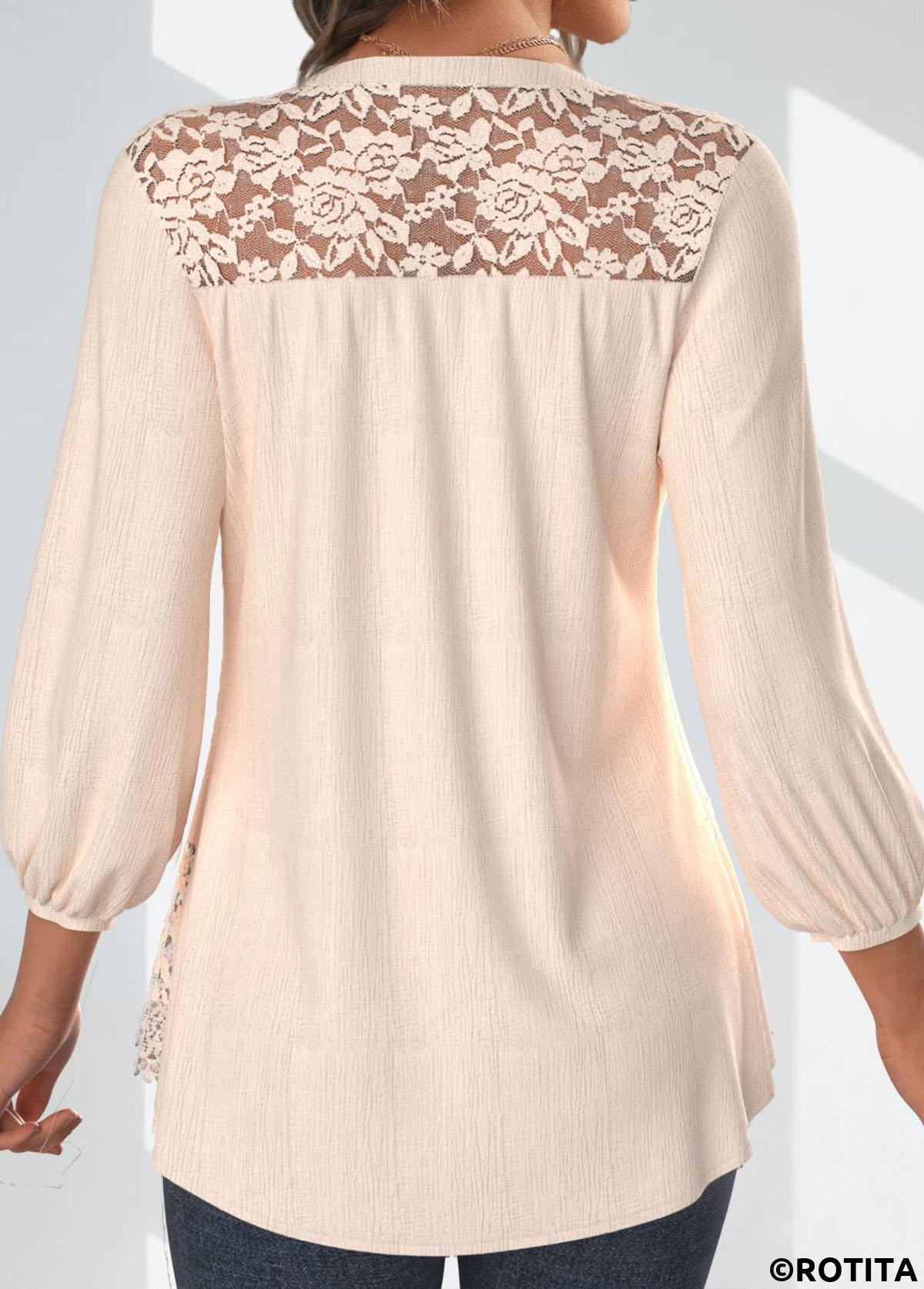 blouse à manches 3/4 en dentelle rotita couleur peau col en V