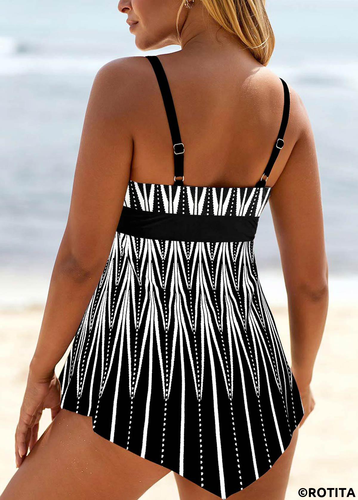 Black swimwear,White swimwear,Geometric swimwear,Striped swimwear,Chevron swimwear,ROTITA Lace Up Black Geometric Print Swimdress and Panty