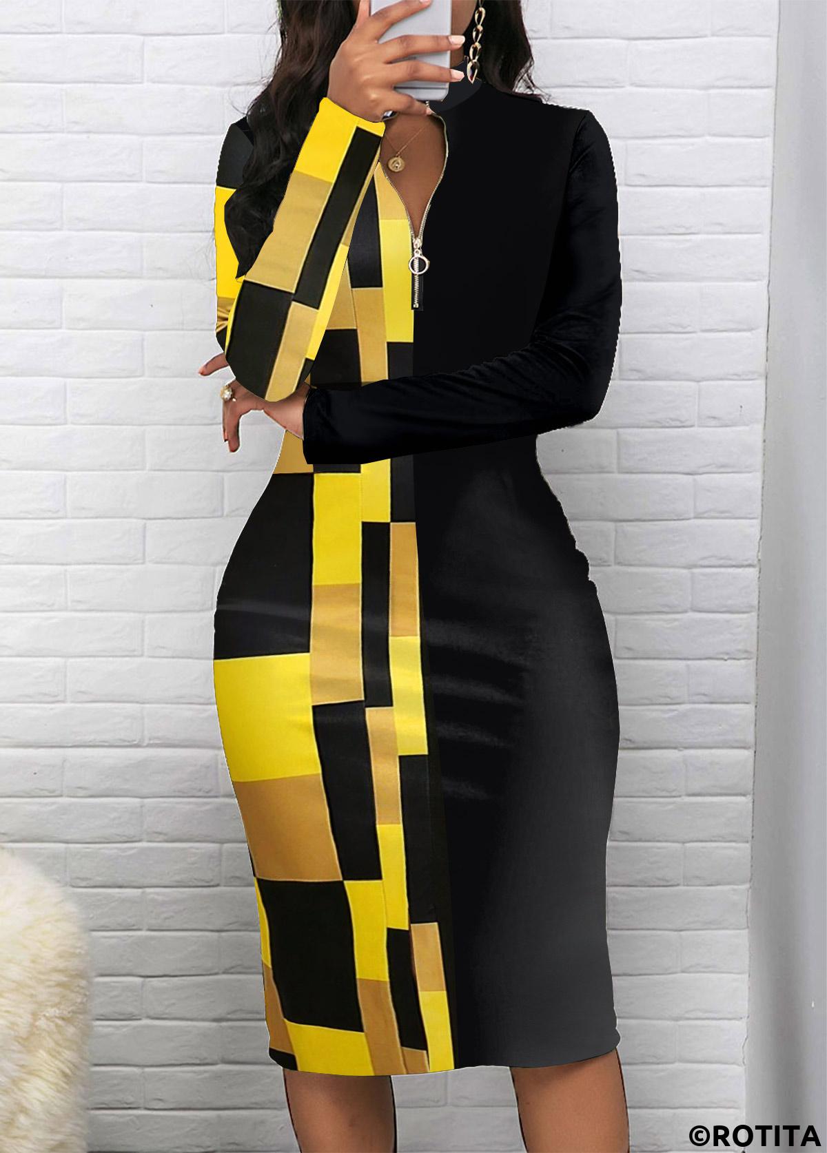 Black dresses,Yellow dresses,Geometric dresses,Party dresses,Elegant dresses,ROTITA Patchwork Geometric Print Black Stand Collar Bodycon Dress