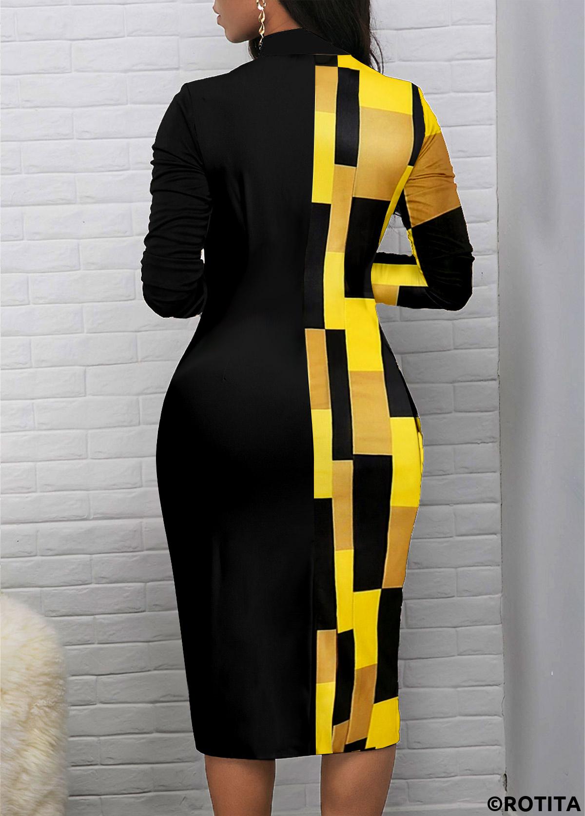 Black dresses,Yellow dresses,Geometric dresses,Party dresses,Elegant dresses,ROTITA Patchwork Geometric Print Black Stand Collar Bodycon Dress
