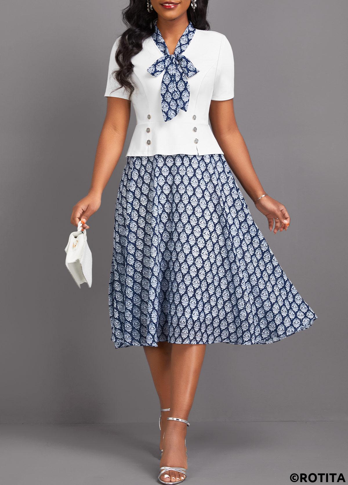 White dresses,Blue dresses,Tribal dresses,Party dresses,Elegant dresses,ROTITA Patchwork Tribal Print White Tie Collar Short Sleeve Dress