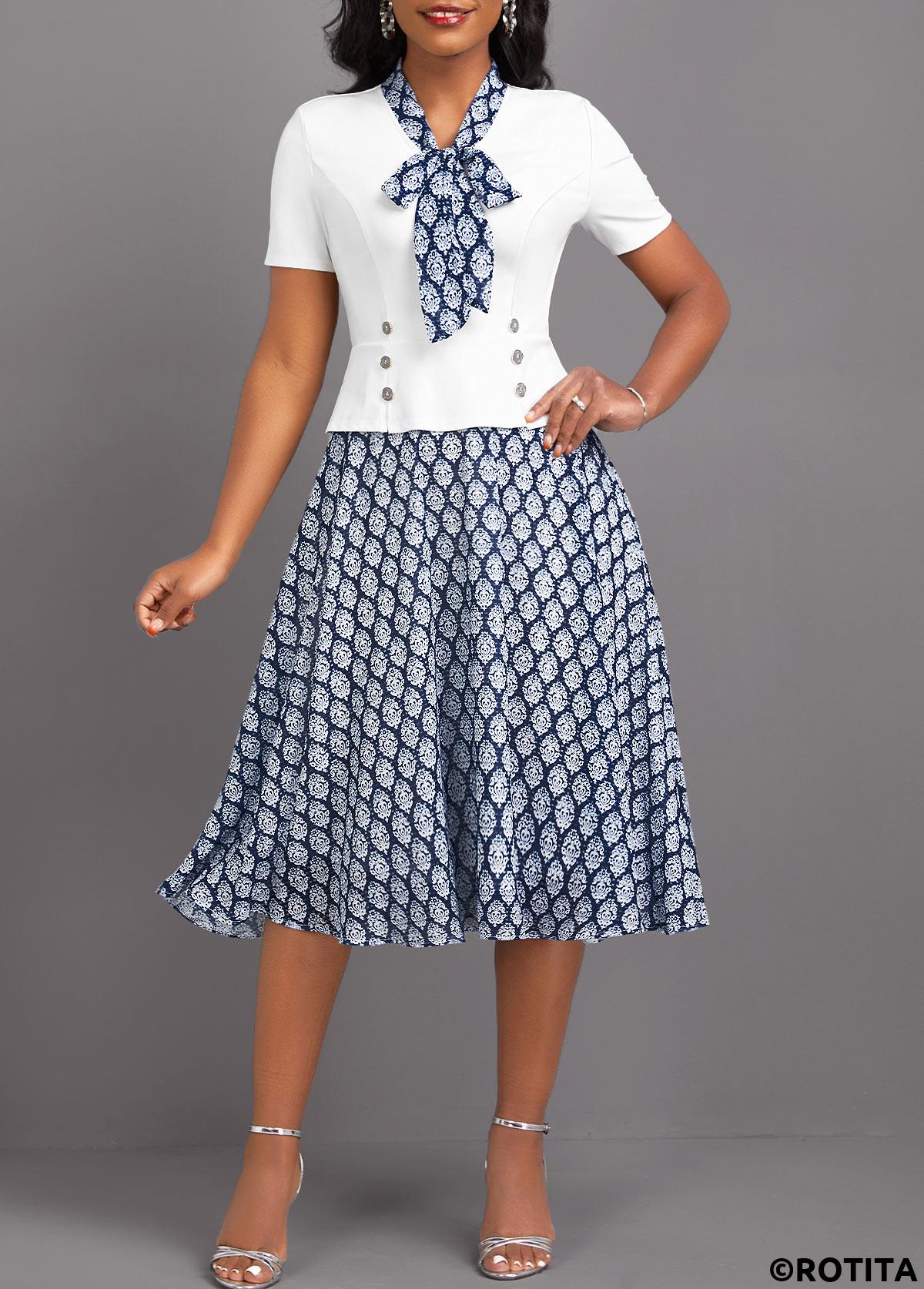 White dresses,Blue dresses,Tribal dresses,Party dresses,Elegant dresses,ROTITA Patchwork Tribal Print White Tie Collar Short Sleeve Dress