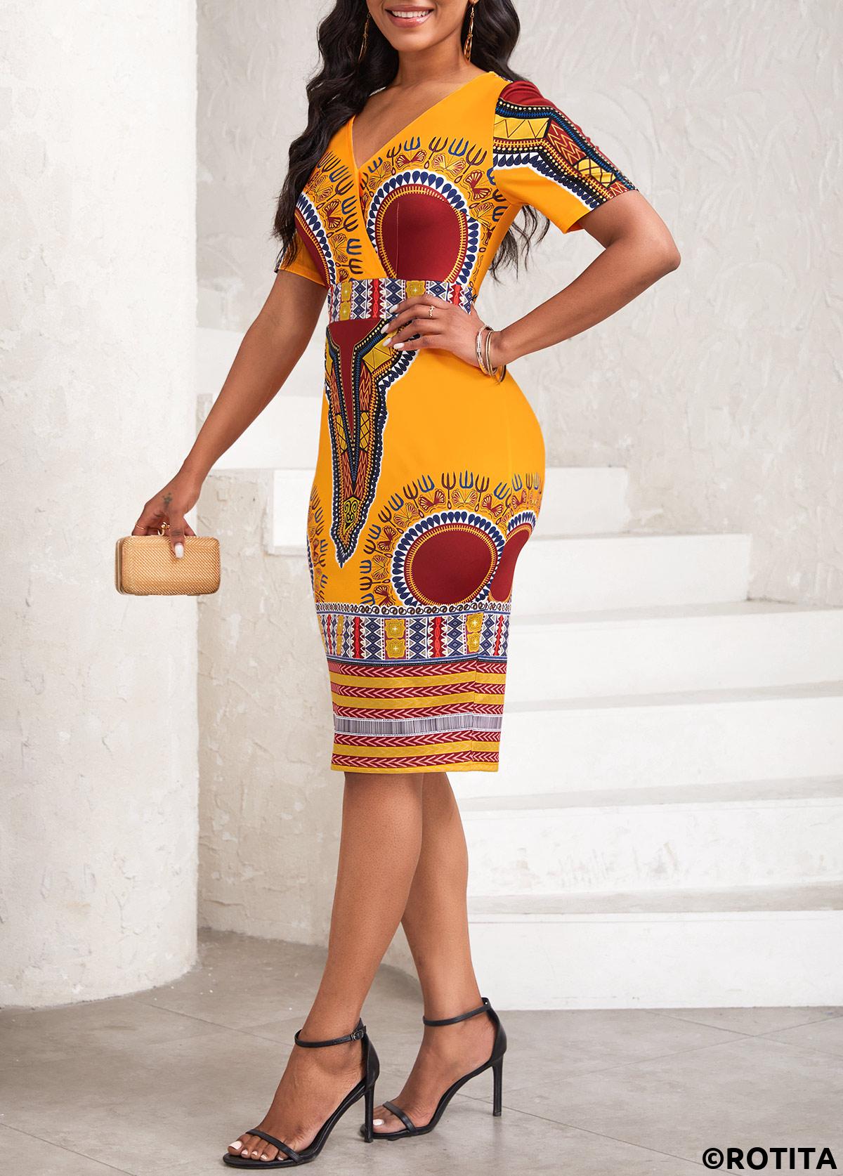 Ginger dresses,Tribal dresses,Geometric dresses,Striped dresses,Party dresses,Elegant dresses,ROTITA Patchwork African Tribal Print Orange V Neck Bodycon Dress