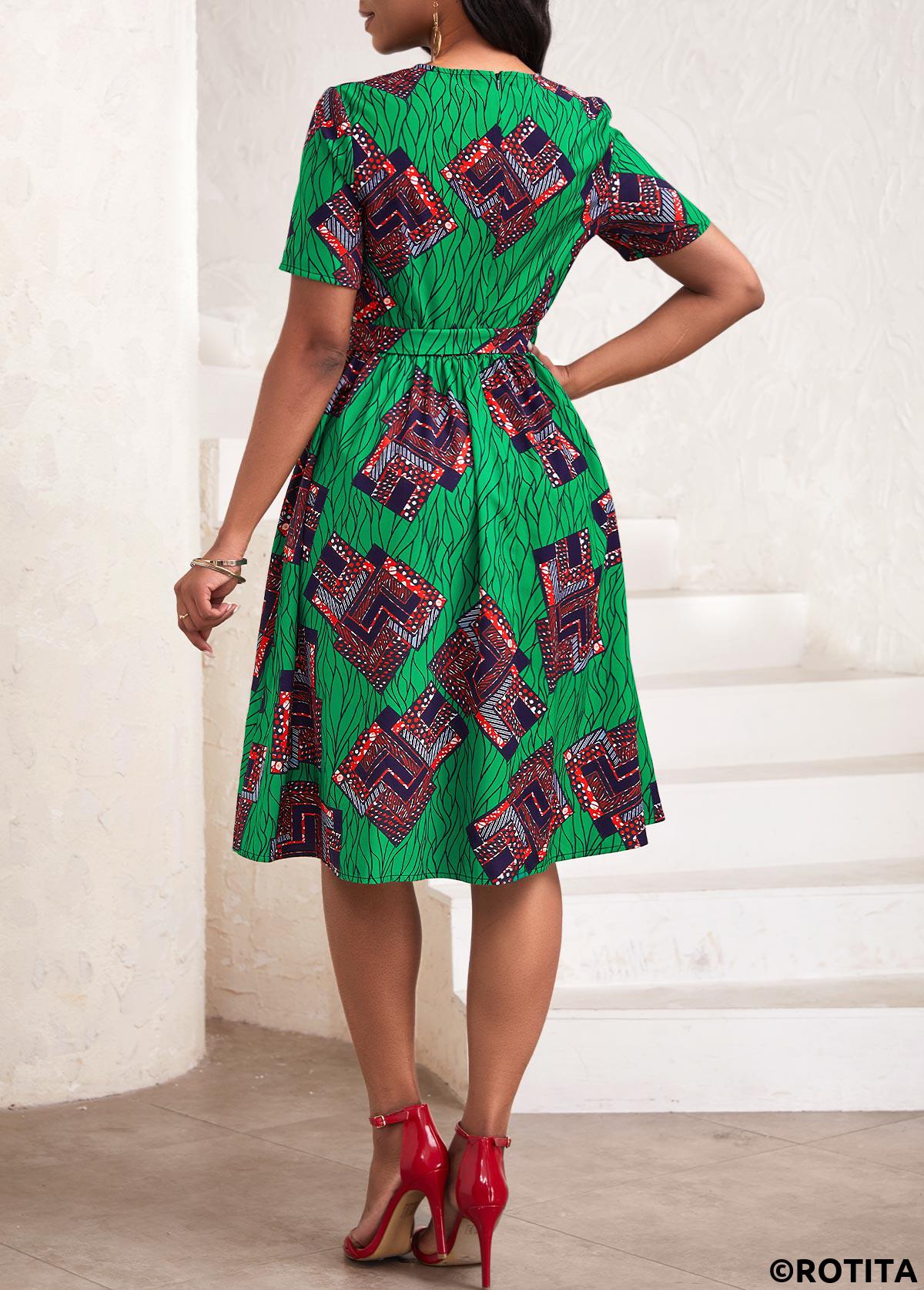 Green dresses,Tribal dresses,Striped dresses,Geometric dresses,Dot dresses,Party dresses,Elegant dresses,ROTITA Pocket African Tribal Print Green Belted Round Neck Dress