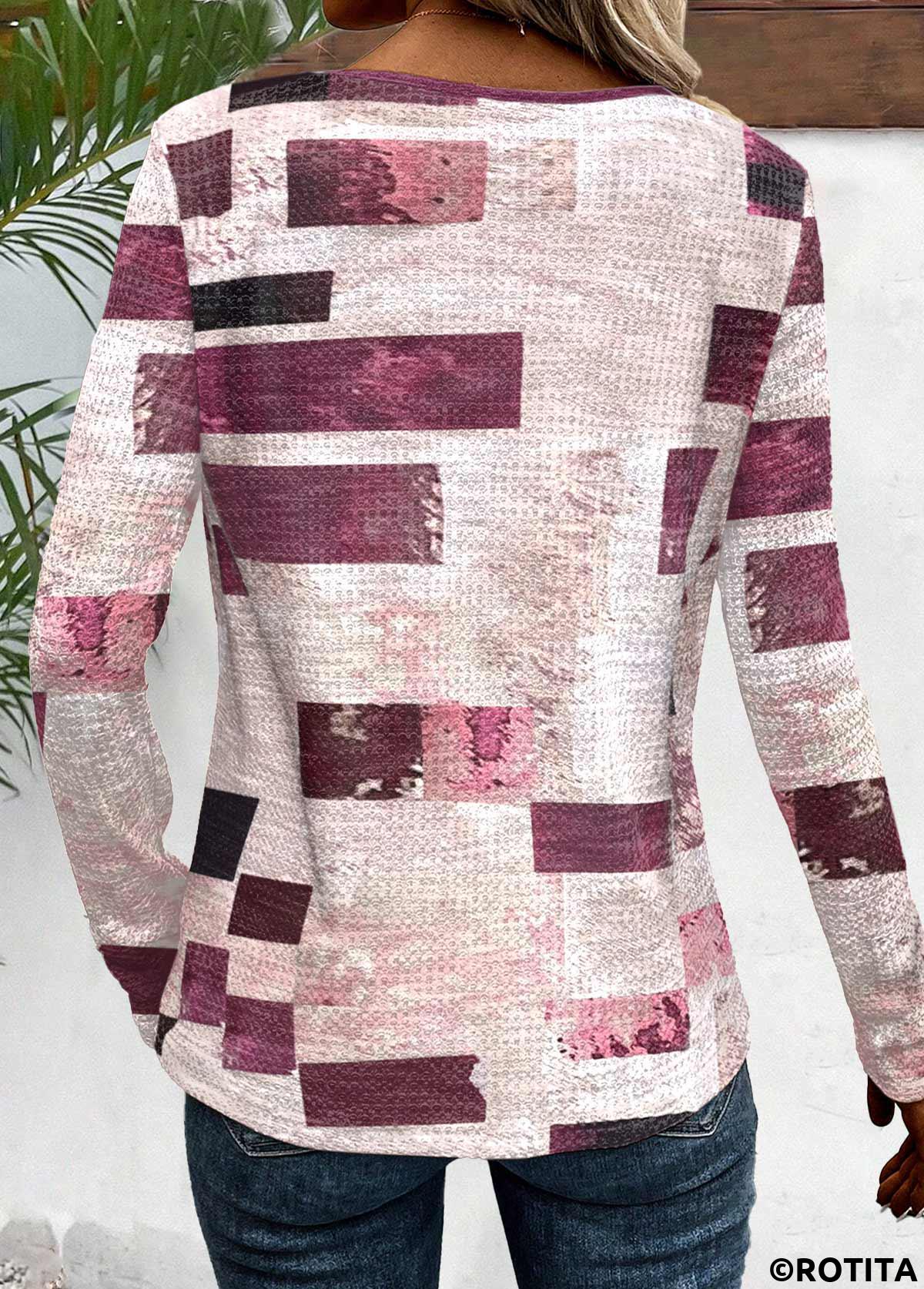 ROTITA Button Geometric Print Dark Reddish Purple T Shirt