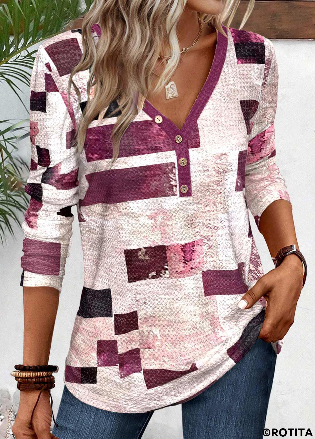 ROTITA Button Geometric Print Dark Reddish Purple T Shirt