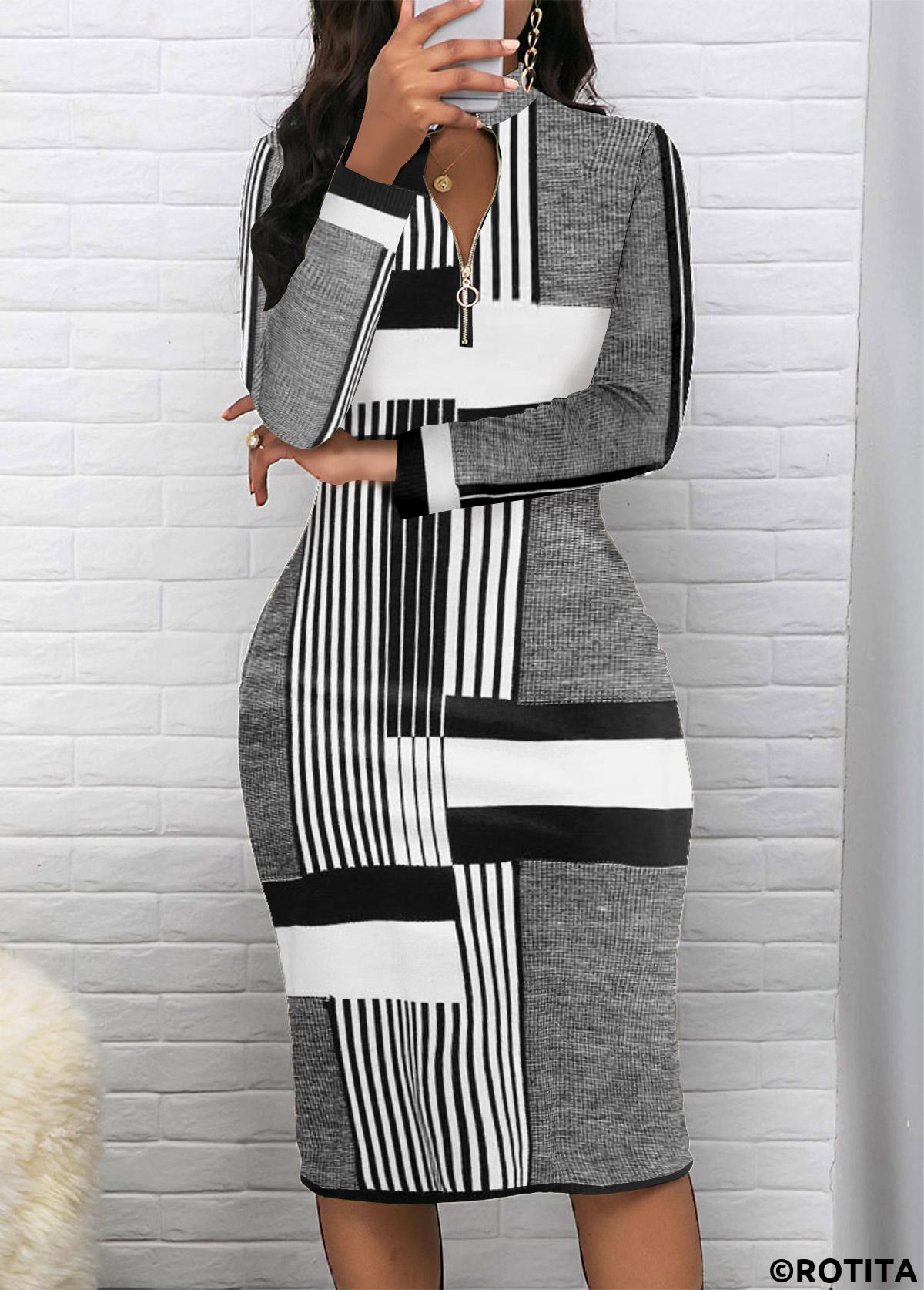 Light Grey Marl dresses,Grey dresses,Striped dresses,Geometric dresses,Everyday dresses,Casual dresses,ROTITA Patchwork Striped Light Grey Marl Stand Collar Dress