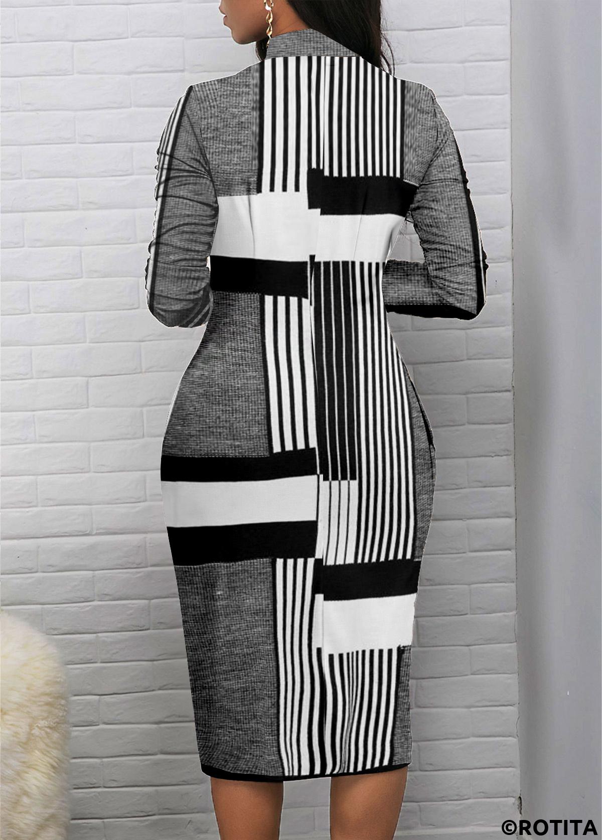Light Grey Marl dresses,Grey dresses,Striped dresses,Geometric dresses,Everyday dresses,Casual dresses,ROTITA Patchwork Striped Light Grey Marl Stand Collar Dress