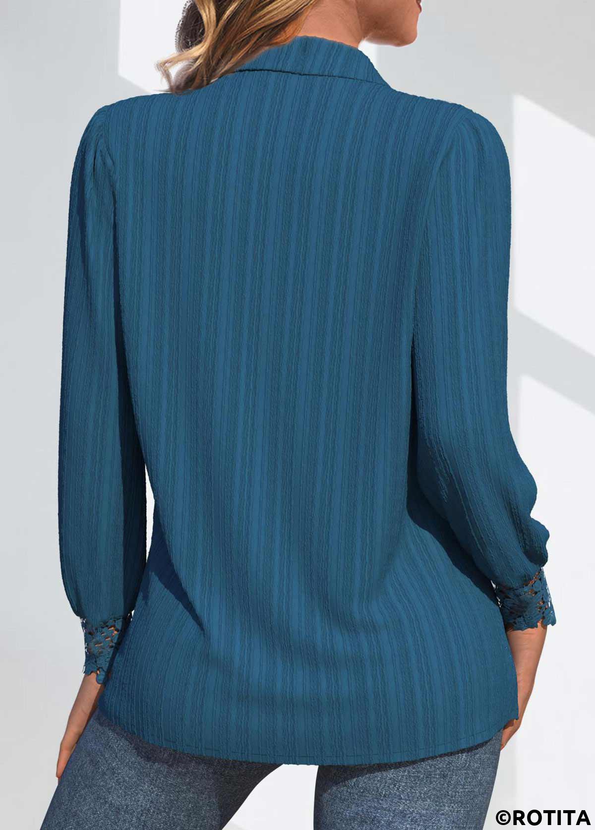 Peacock Blue tops,Plain Color tops,ROTITA Patchwork Peacock Blue Shirt Collar Long Sleeve Blouse