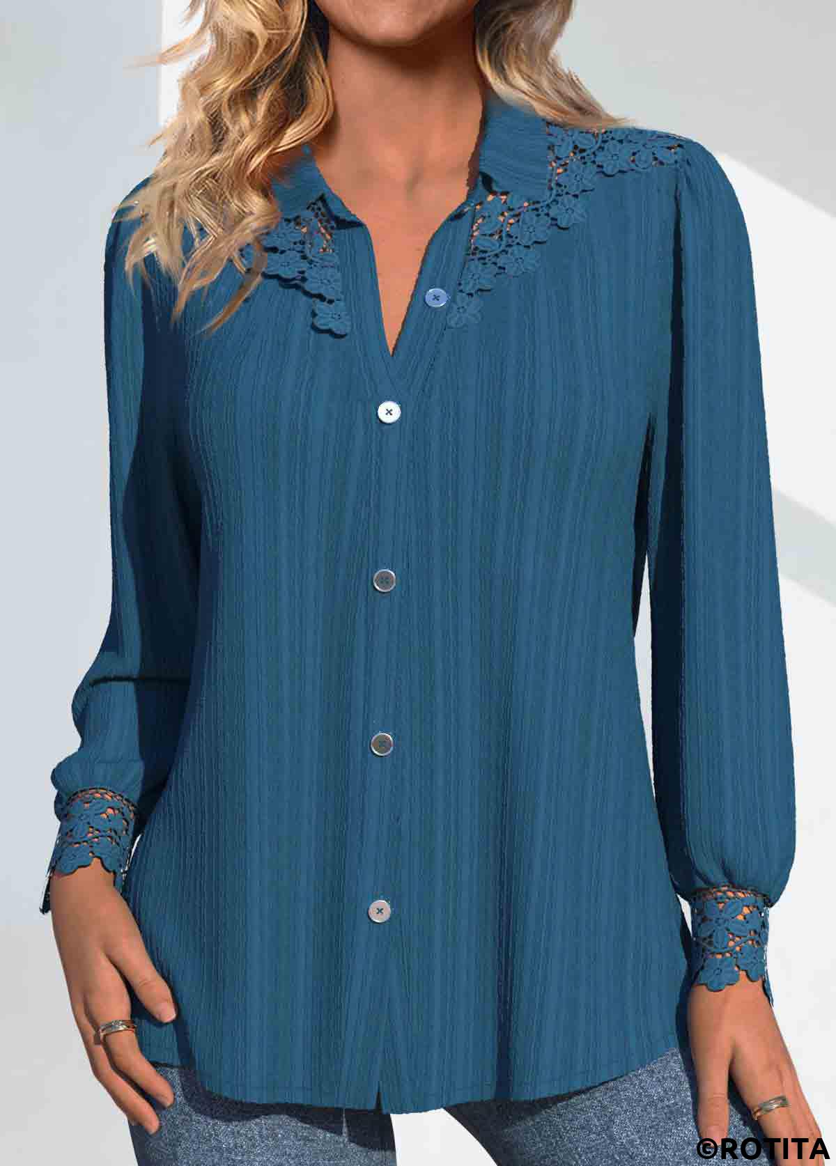 Peacock Blue tops,Plain Color tops,ROTITA Patchwork Peacock Blue Shirt Collar Long Sleeve Blouse