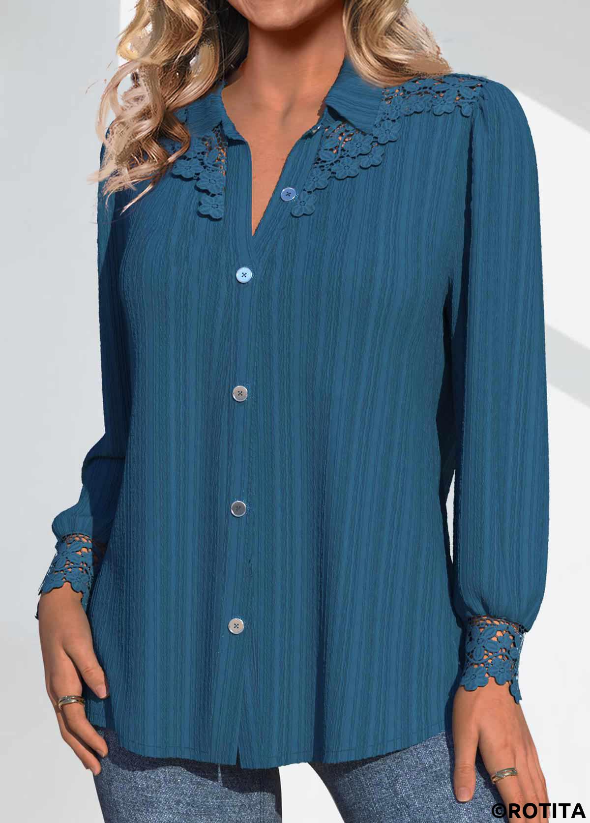 Peacock Blue tops,Plain Color tops,ROTITA Patchwork Peacock Blue Shirt Collar Long Sleeve Blouse