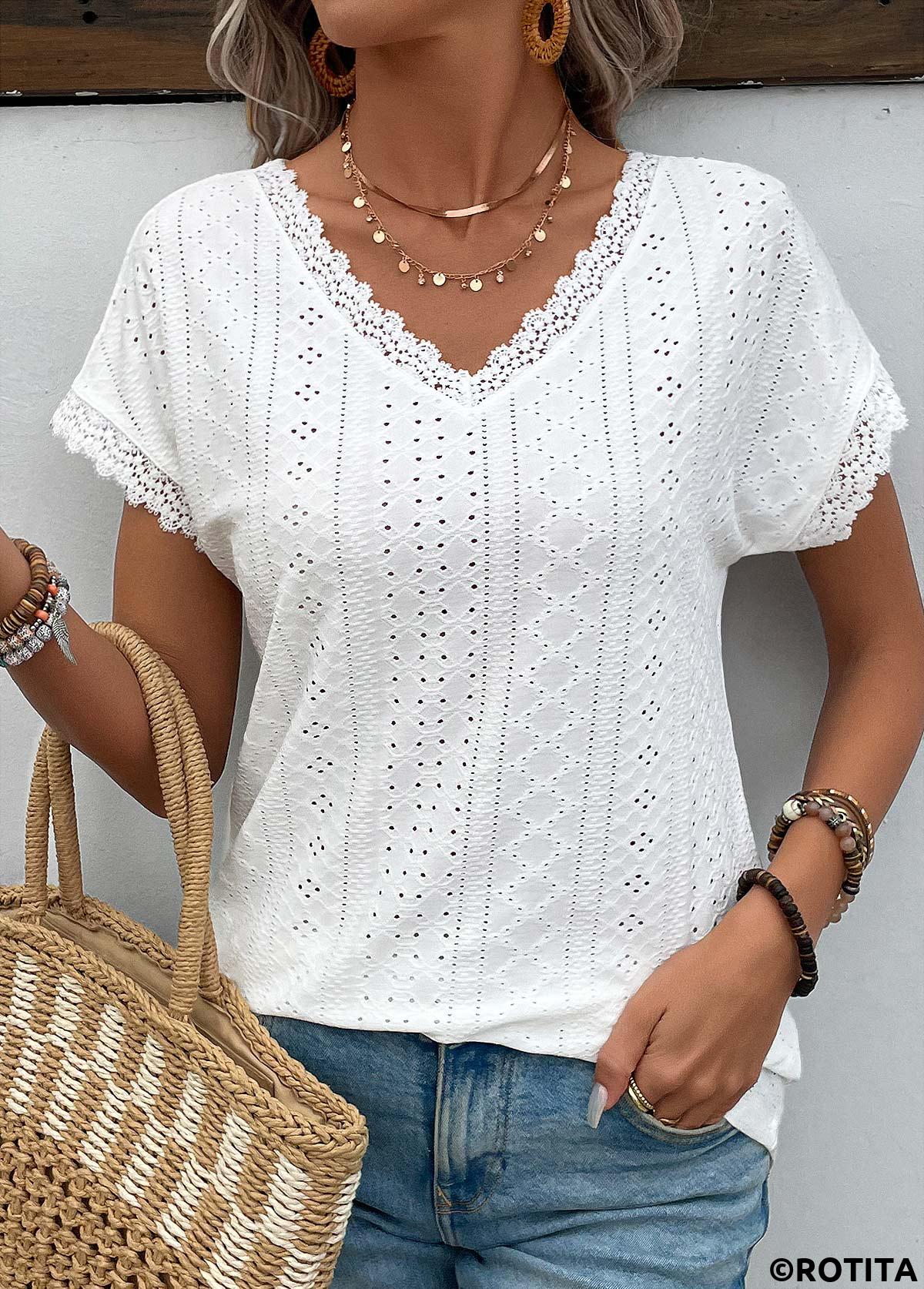 Patchwork White V Neck Short Sleeve T Shirt