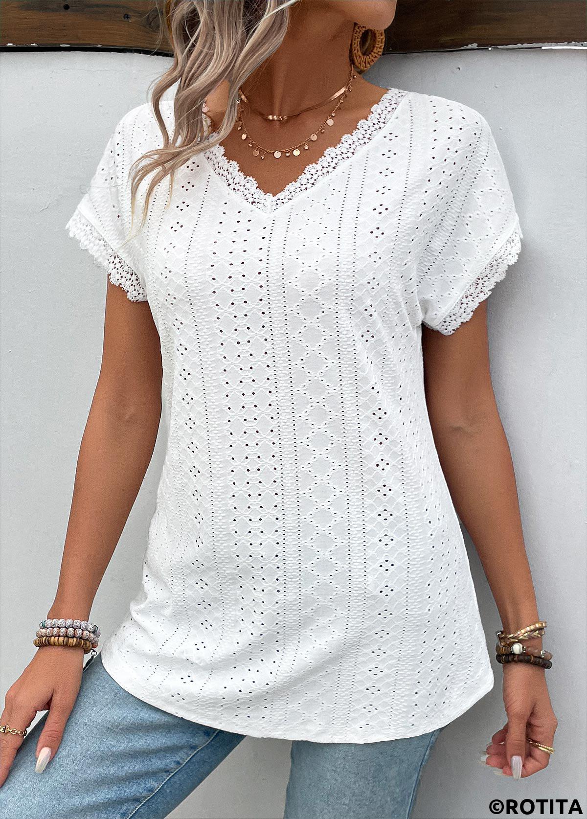 Patchwork White V Neck Short Sleeve T Shirt