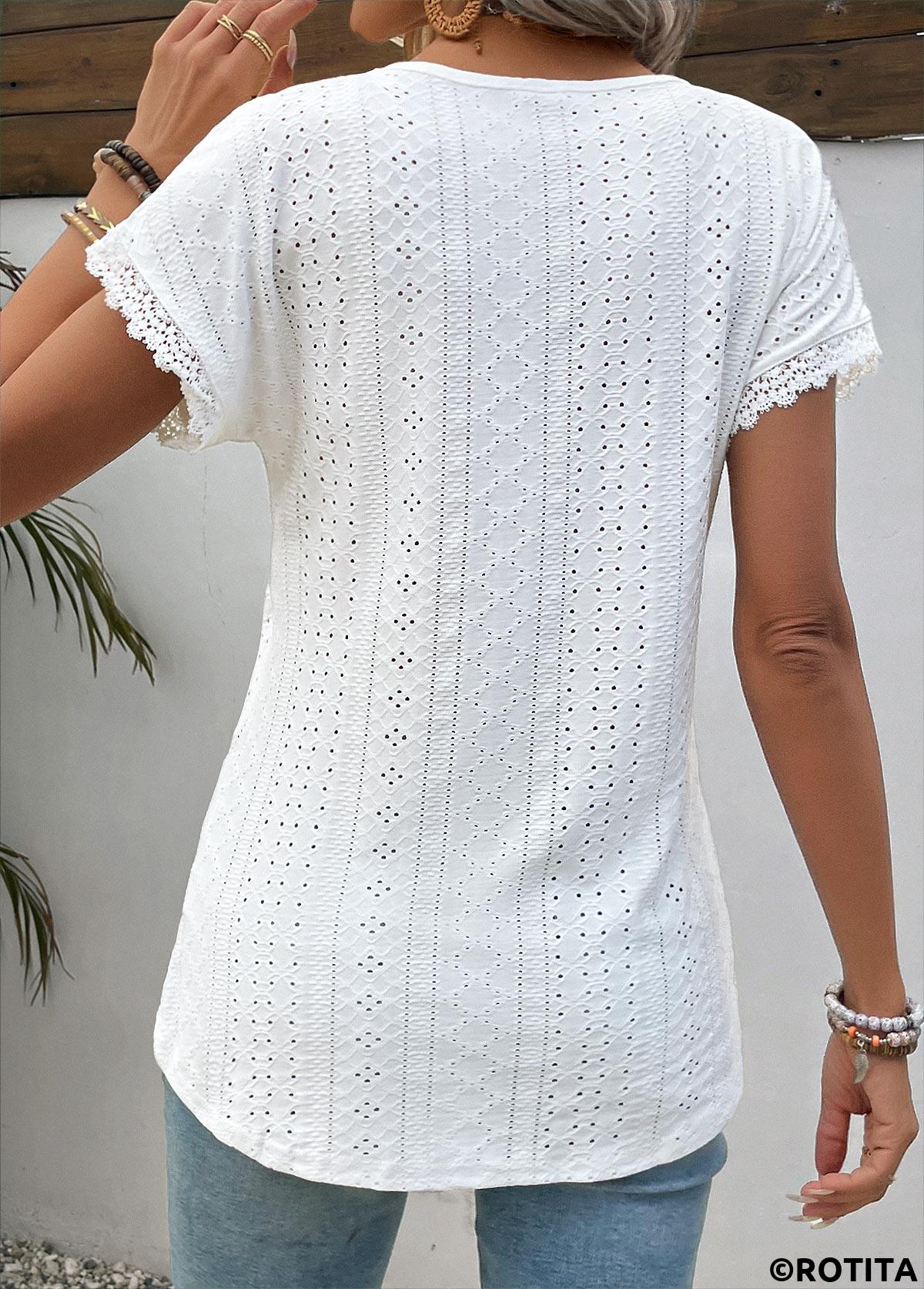 Patchwork White V Neck Short Sleeve T Shirt