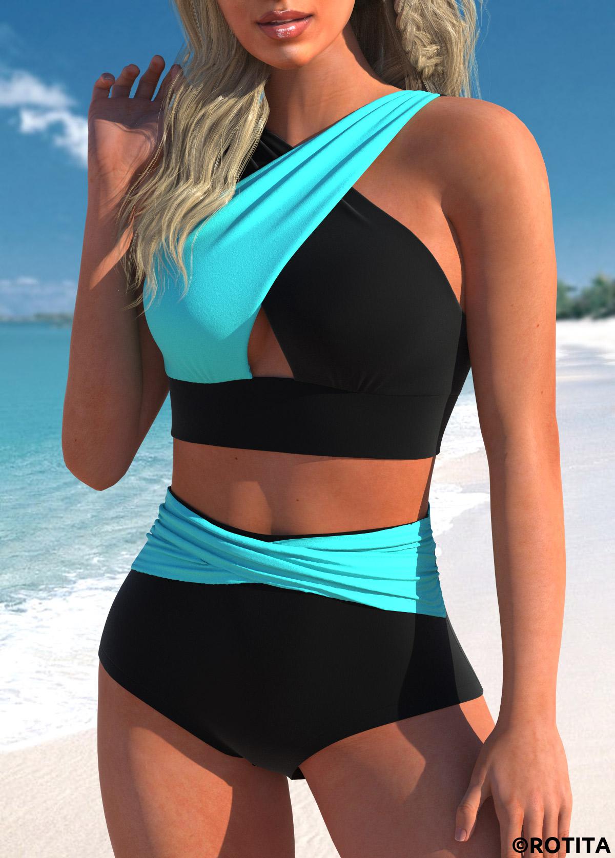 Black swimwear,Cyan swimwear,Contrast Color swimwear,ROTITA Surplice Cutout Front Black Bikini Set