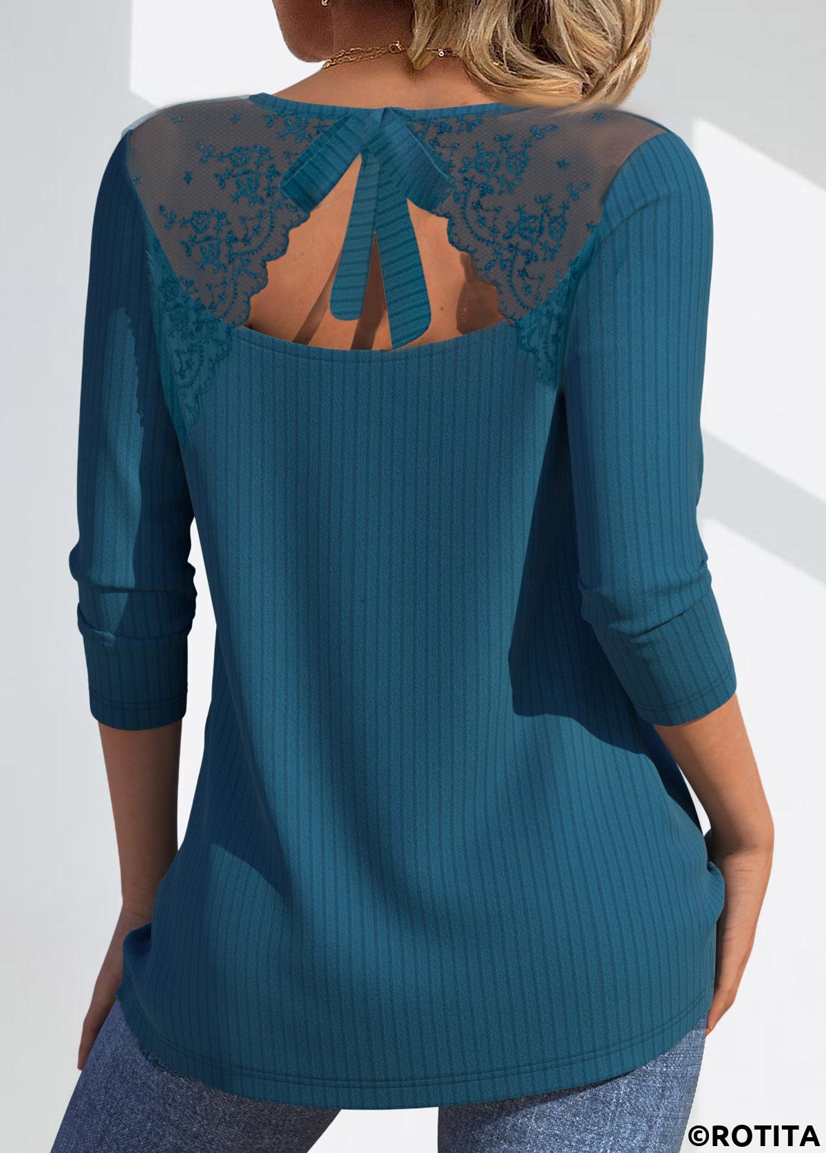 Peacock Blue tops,Plain Color tops,ROTITA Lace Peacock Blue V Neck Long Sleeve T Shirt