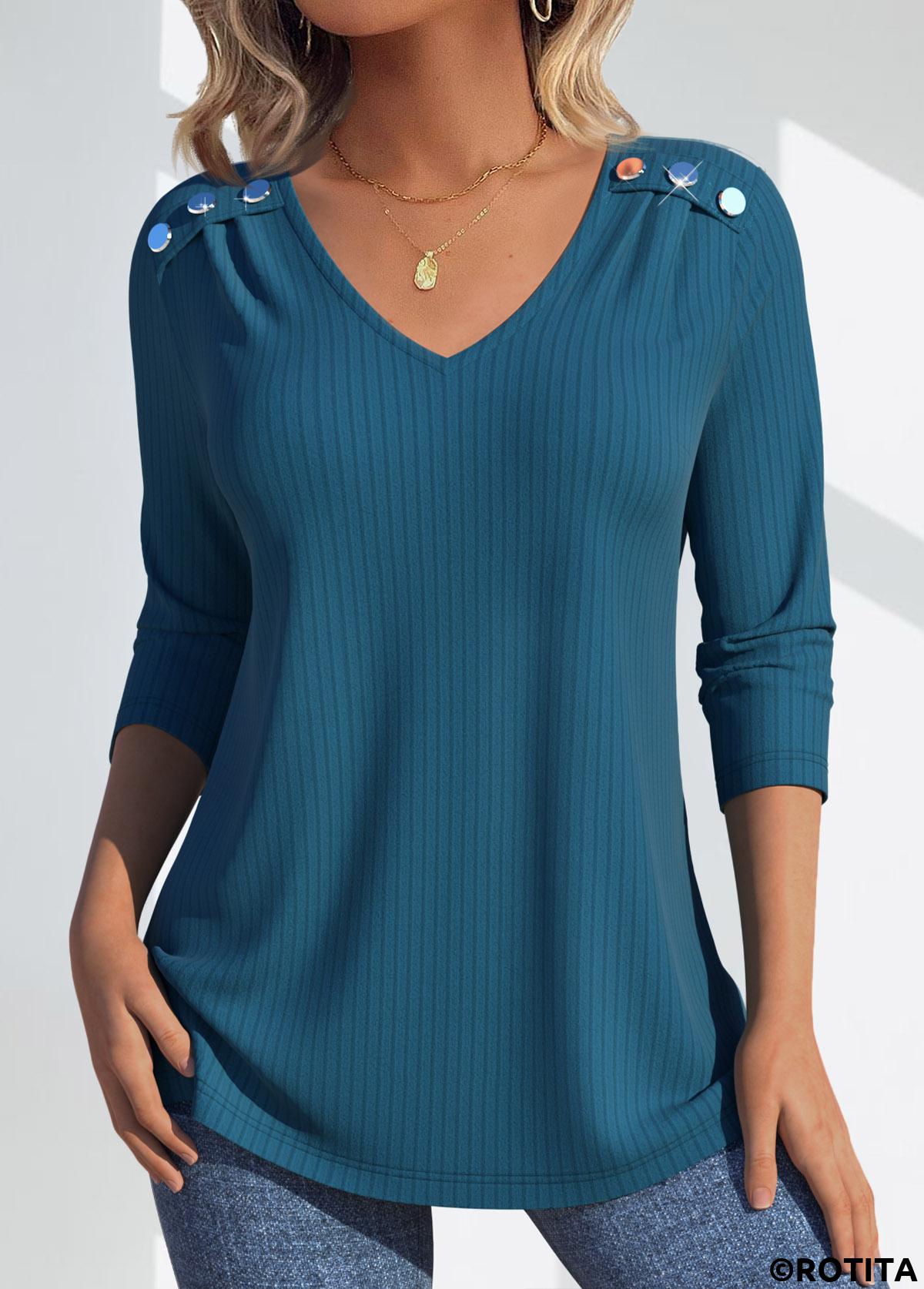 Peacock Blue tops,Plain Color tops,ROTITA Lace Peacock Blue V Neck Long Sleeve T Shirt