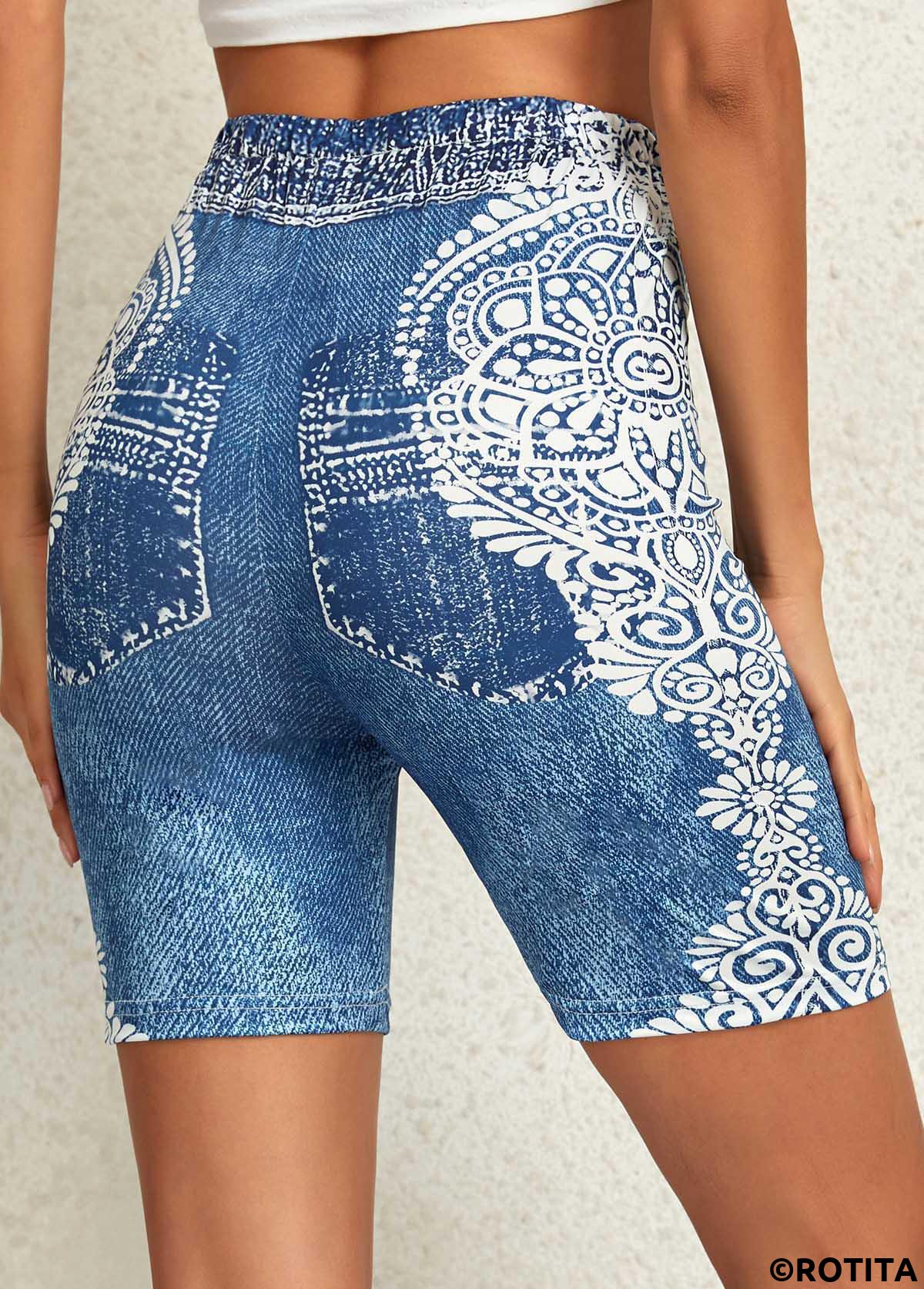 Denim Blue bottoms,Tribal bottoms,ROTITA Tribal Print Denim Blue Skinny Elastic Waist Shorts