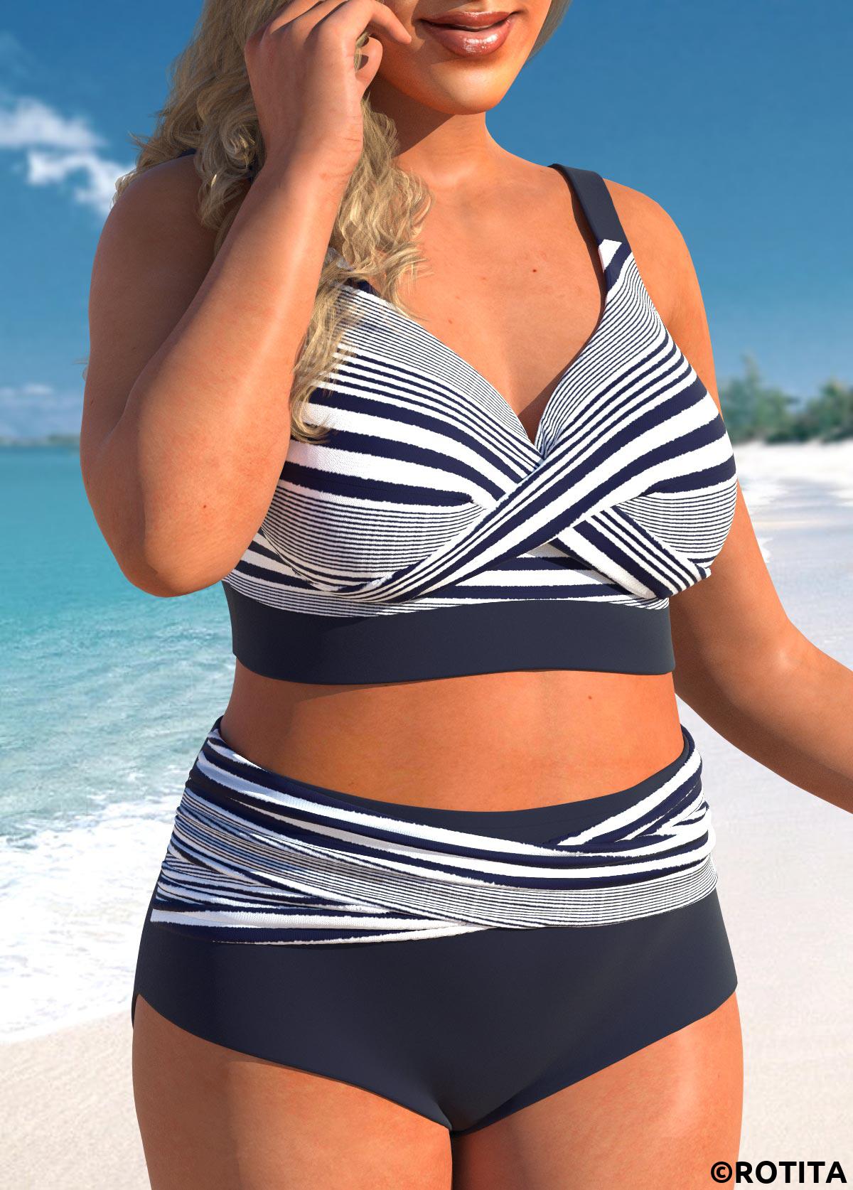 Navy plus size,White plus size,Striped plus size,Geometric plus size,ROTITA Plus Size Criss Cross Striped Navy Bikini Set