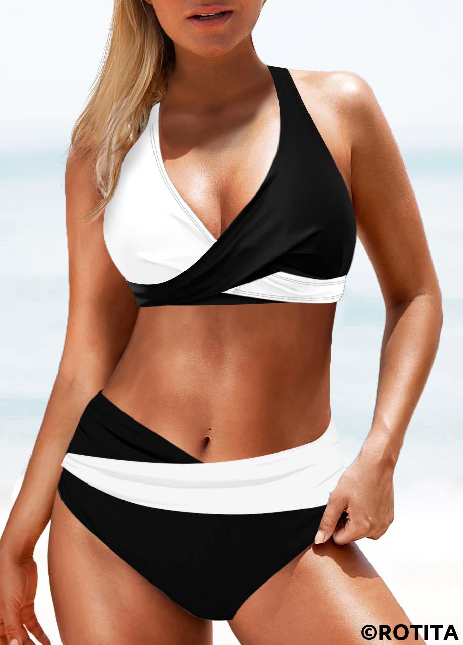 White swimwear,Black swimwear,Contrast Color swimwear,ROTITA White and Black Patchwork Bikini Set