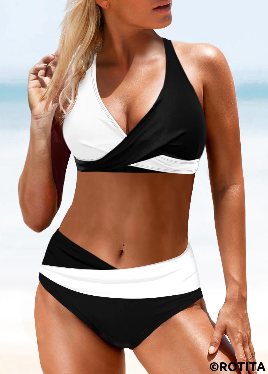 White swimwear,Black swimwear,Contrast Color swimwear,ROTITA White and Black Patchwork Bikini Set
