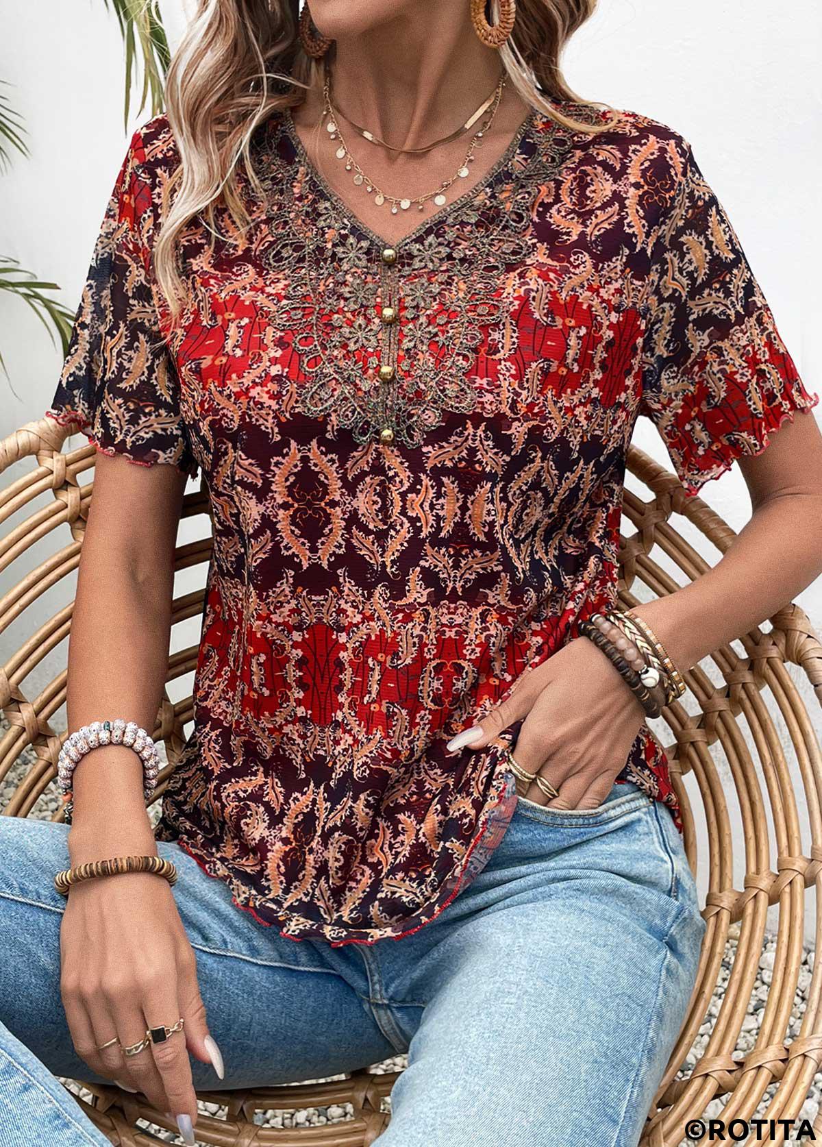 Multi Color tops,Tribal tops,ROTITA Button Tribal Print Multi Color V Neck Blouse