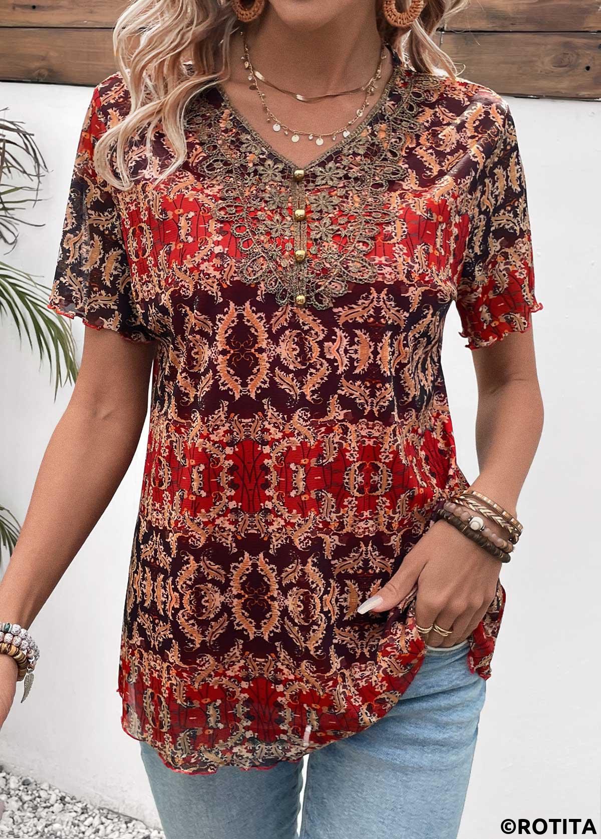 Multi Color tops,Tribal tops,ROTITA Button Tribal Print Multi Color V Neck Blouse