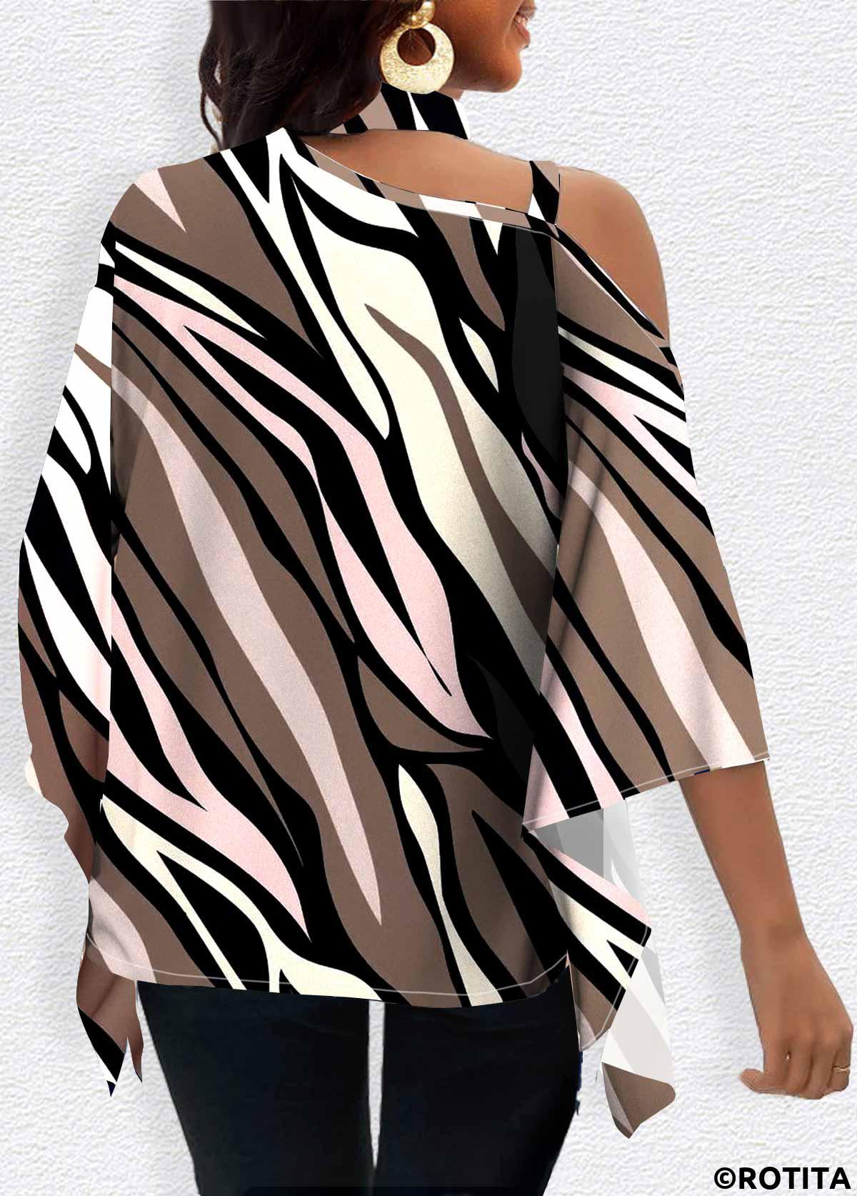 ROTITA Patchwork Multi Stripe Print Asymmetrical Neck T Shirt
