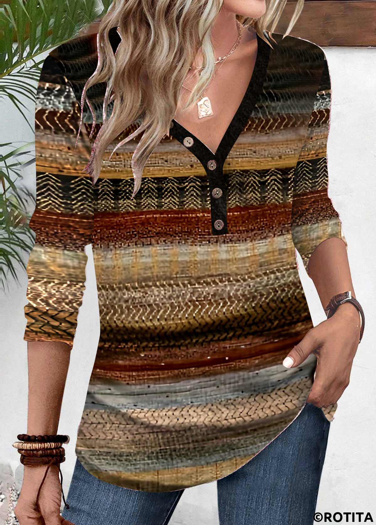Rotita - T-shirt col en V à imprimé multi-rayures et patchwork
