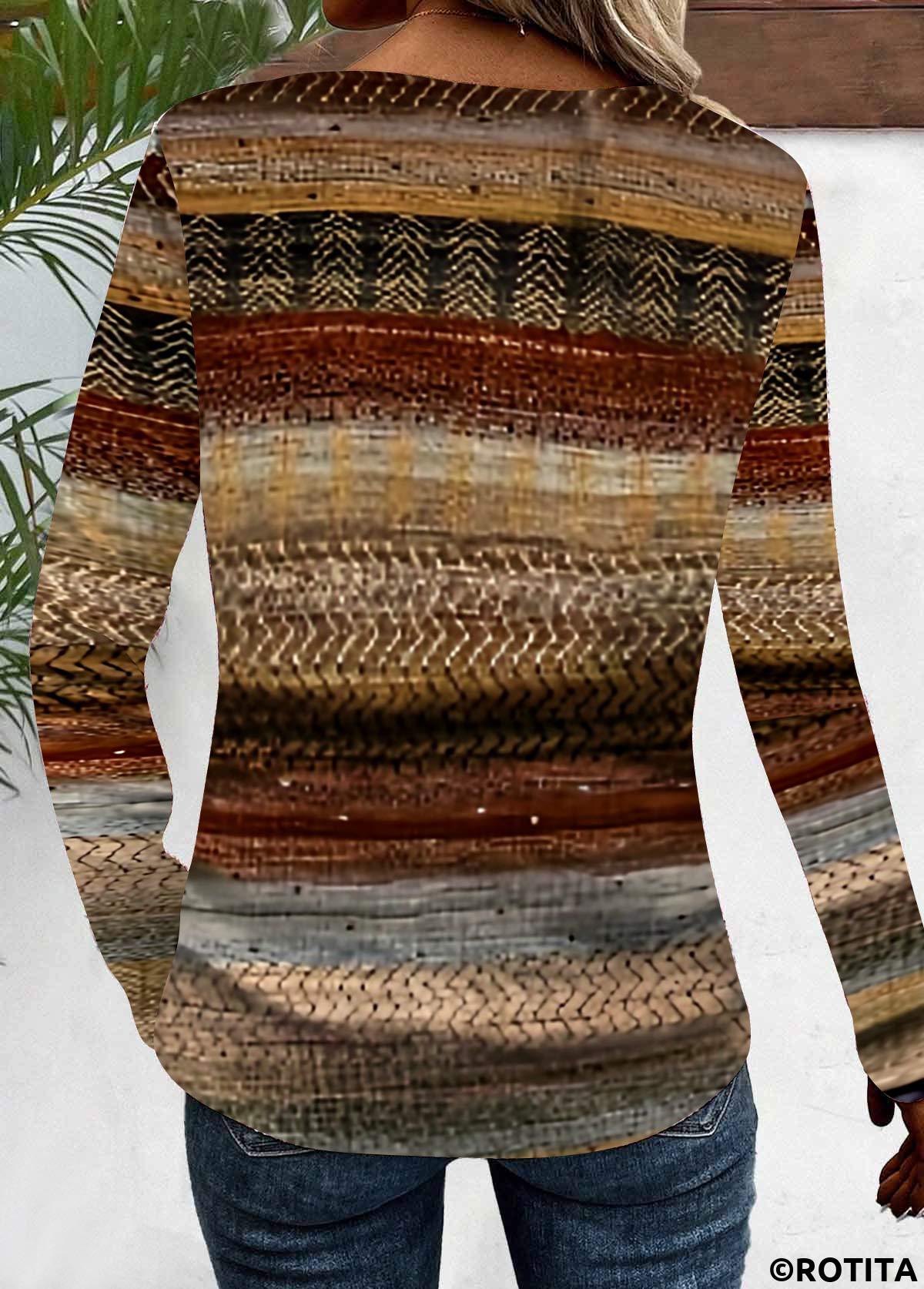 Rotita - T-shirt col en V à imprimé multi-rayures et patchwork