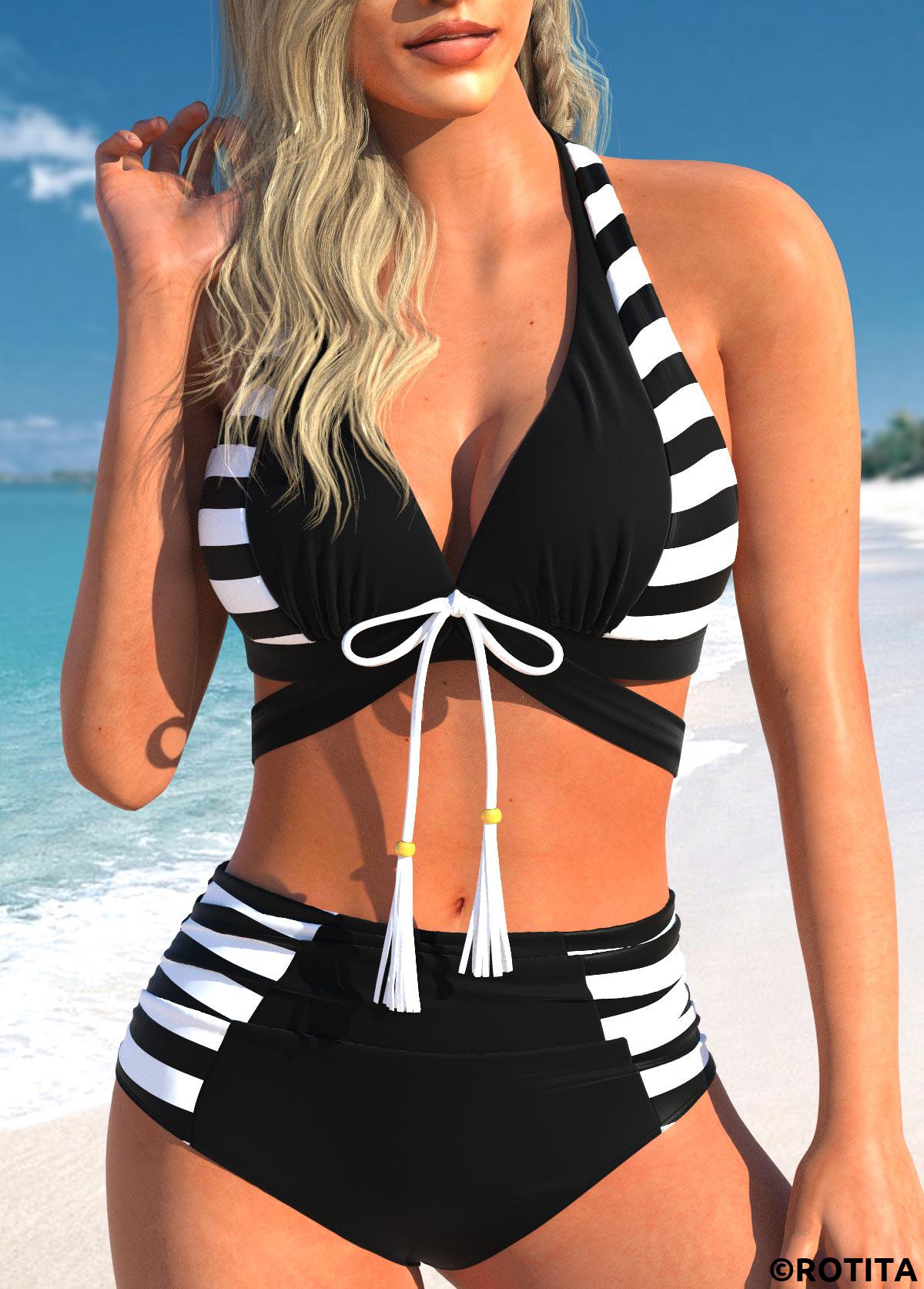 Black swimwear,White swimwear,Striped swimwear,Geometric swimwear,ROTITA Cutout Bowknot Black Striped Bikini Set
