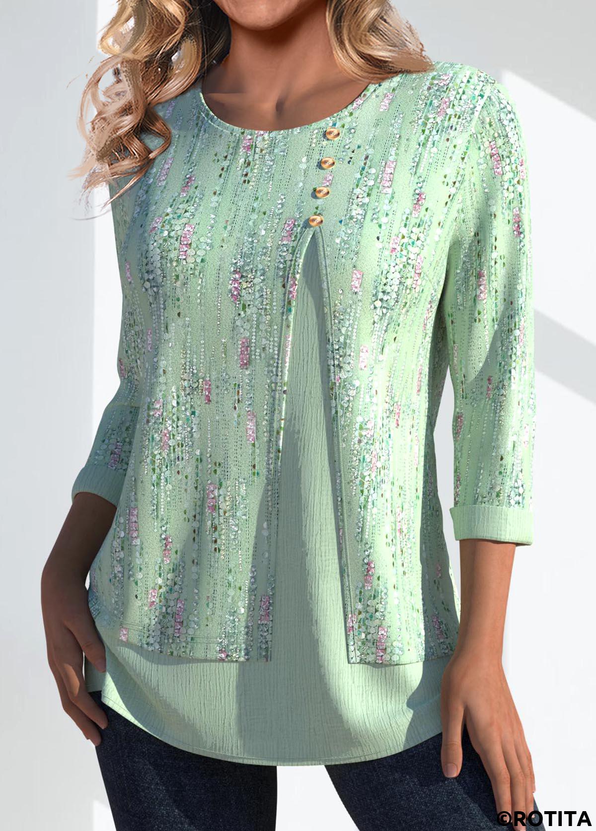 Light Green tops,Geometric tops,Dot tops,ROTITA Button Geometric Print Light Green Round Neck T Shirt