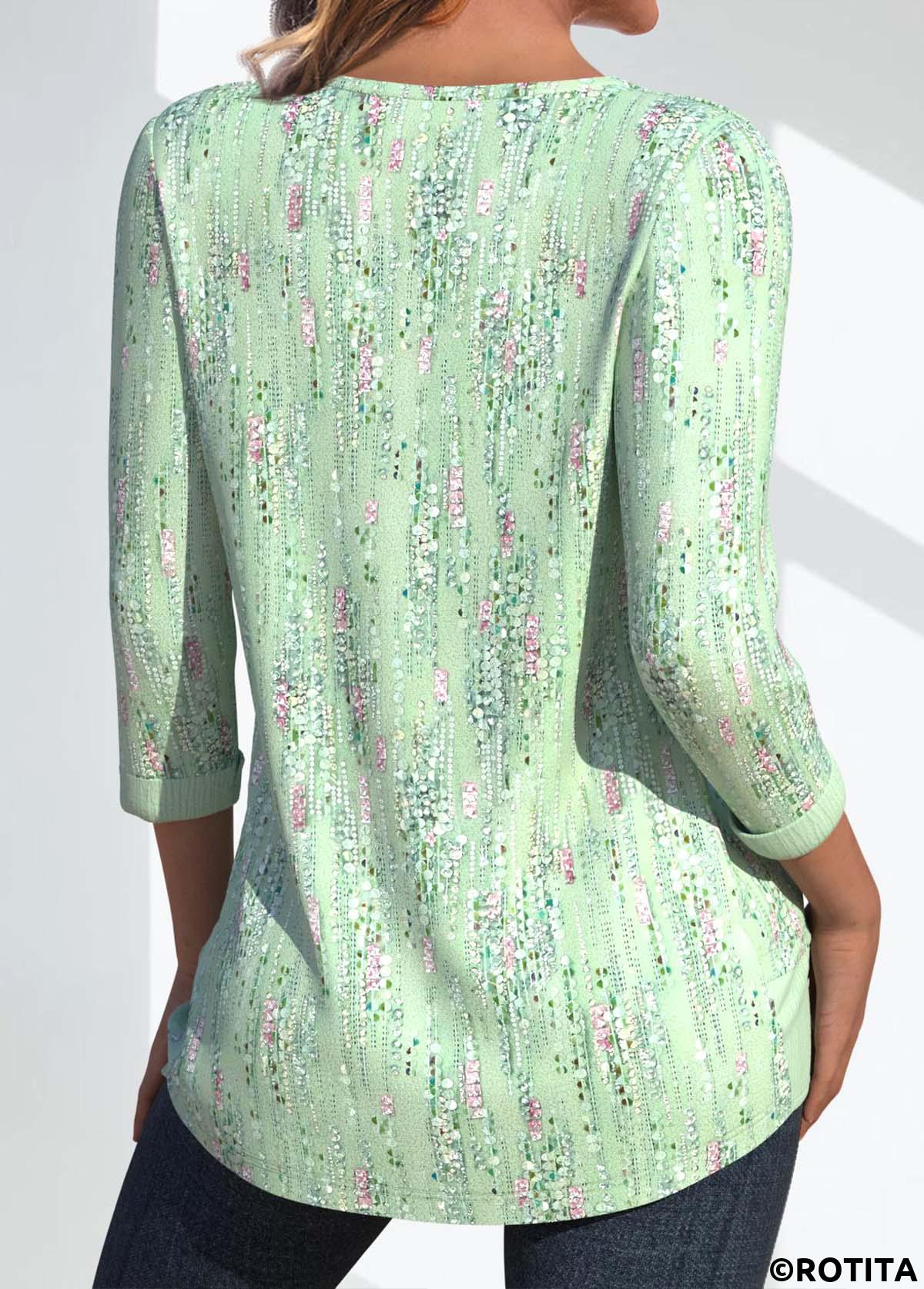 Light Green tops,Geometric tops,Dot tops,ROTITA Button Geometric Print Light Green Round Neck T Shirt