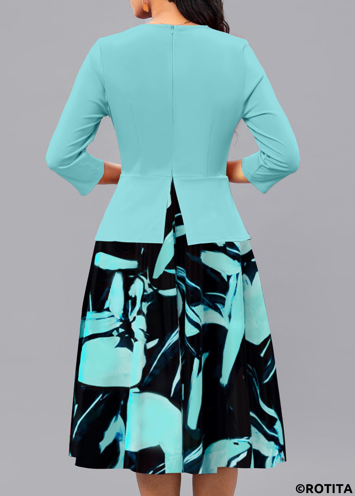 Mint Green dresses,Black dresses,Floral dresses,Plants dresses,Party dresses,Elegant dresses,ROTITA Fake 2in1 Floral Print Mint Green Square Neck Dress