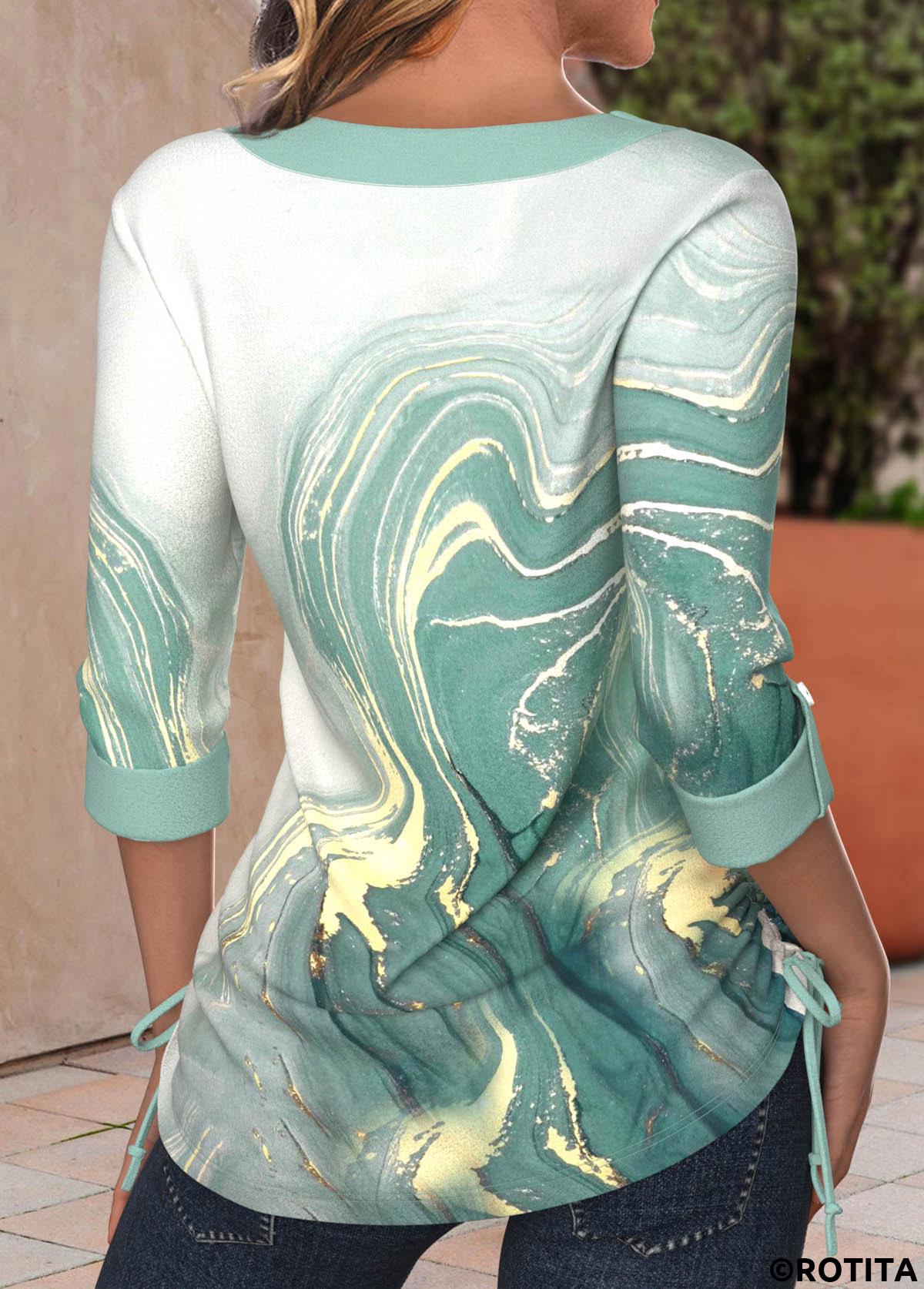 Light Green plus size,Marble plus size,ROTITA Plus Size Ruched Light Green Marble Print T Shirt