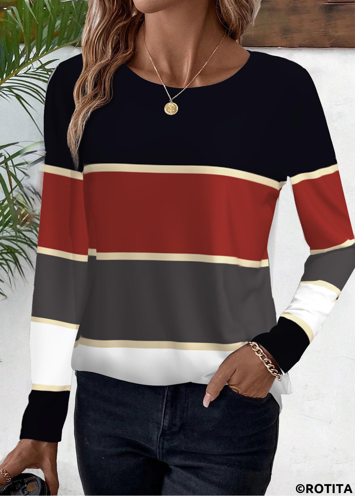 Deep Red tops,Black tops,Striped tops,Geometric tops,ROTITA Striped Deep Red Round Neck Long Sleeve T Shirt